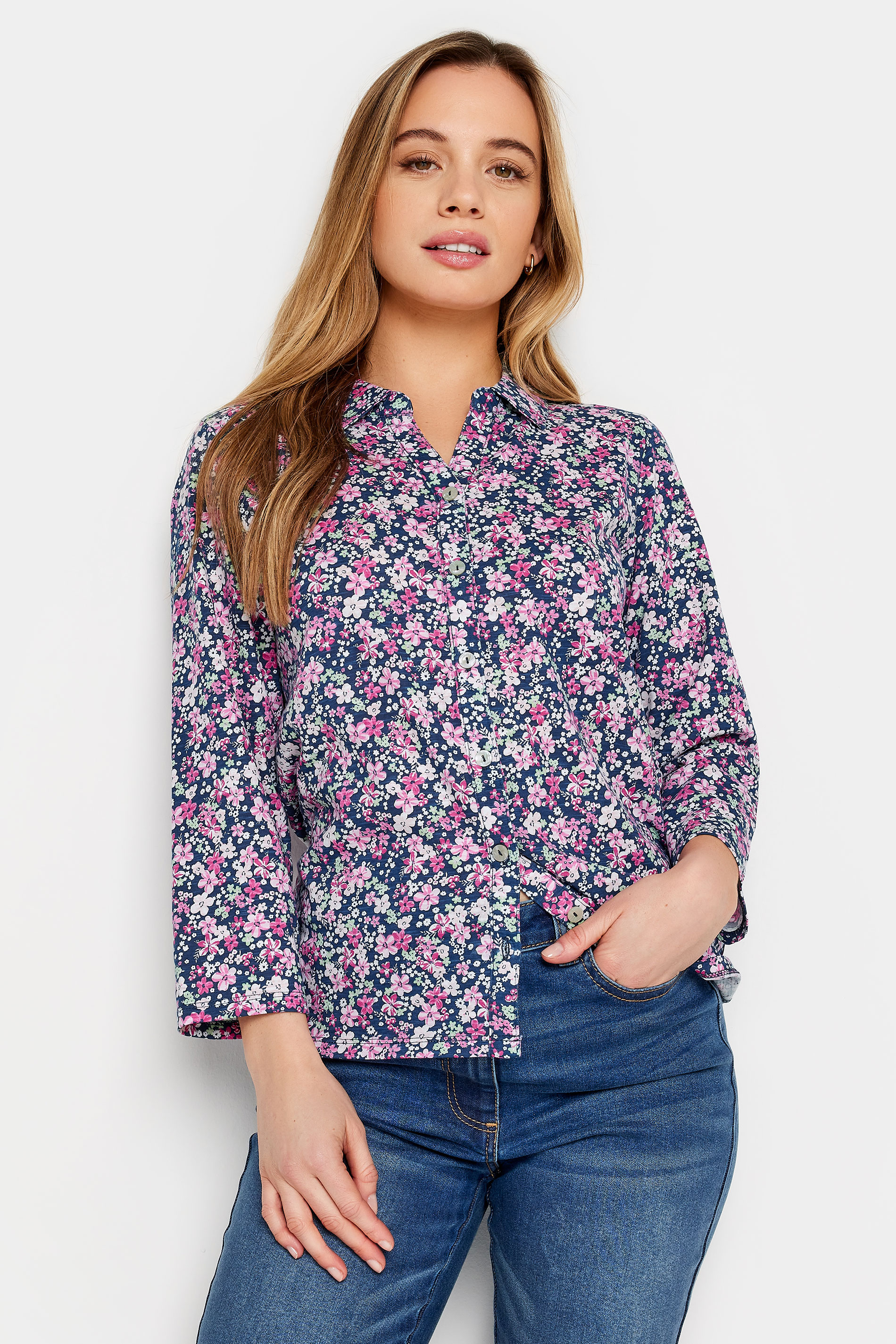 M&Co Petite Pink Floral Print Cotton Collared Shirt | M&Co 1