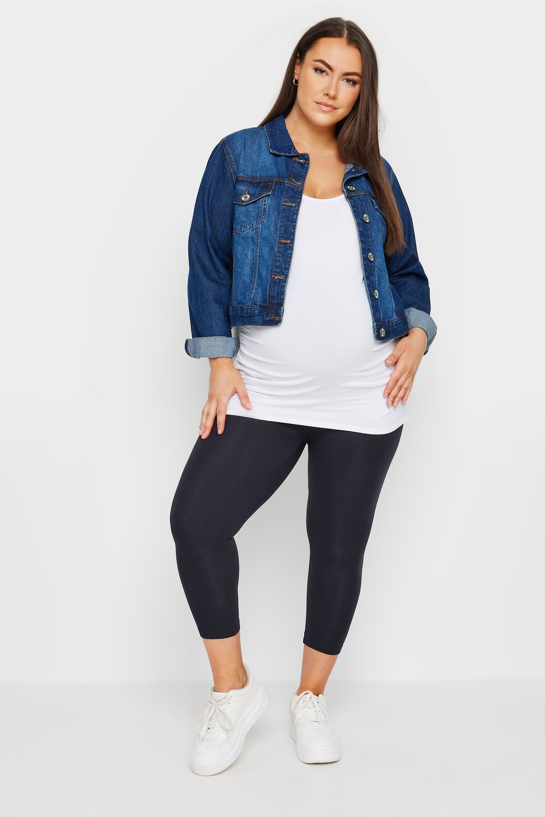 BUMP IT UP MATERNITY Plus Size Navy Blue Stretch Cropped Leggings | Yours Clothing 1