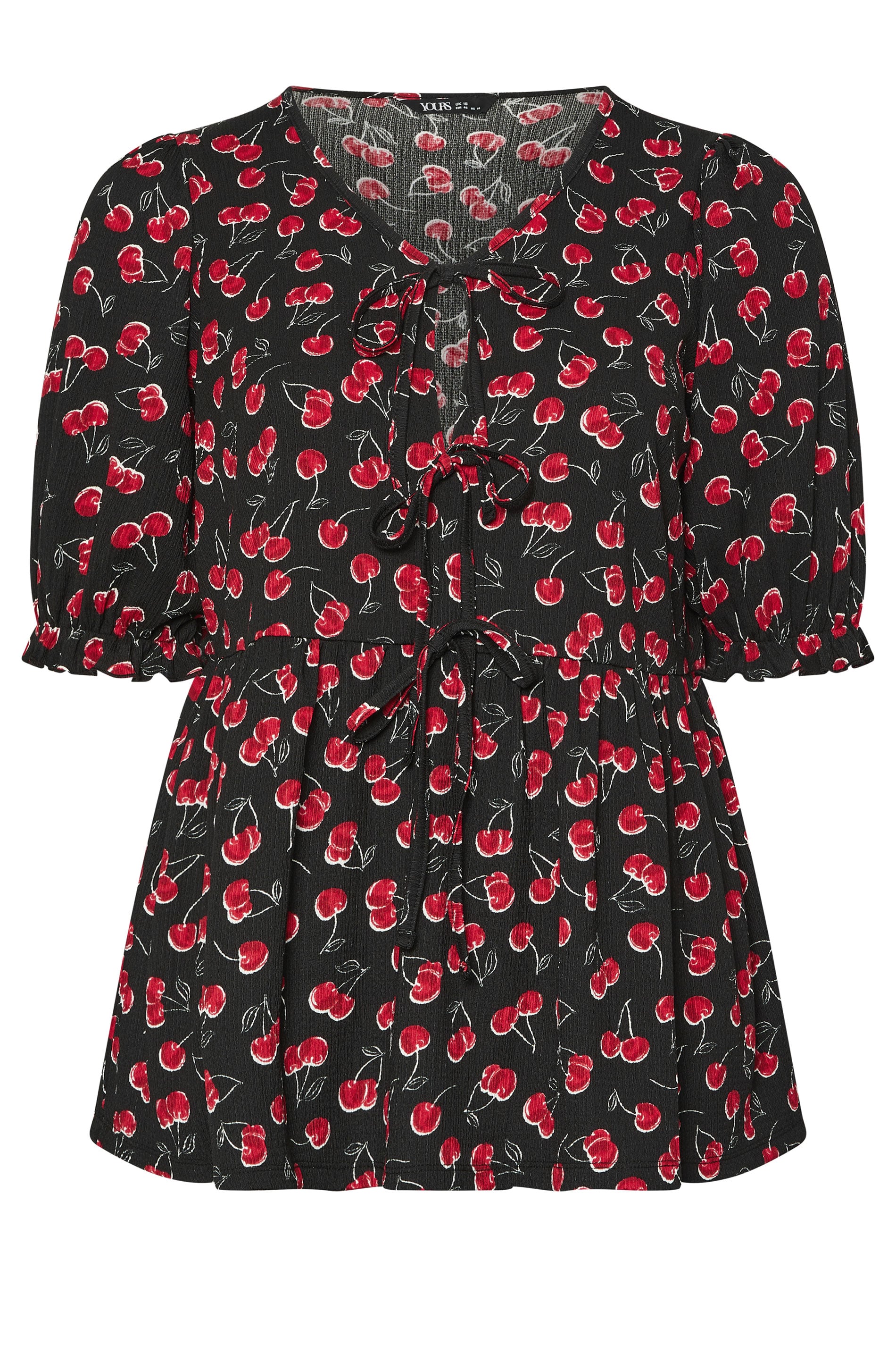 YOURS Plus Size Black Cherry Bow Tie Front Peplum Top | Yours Clothing 5