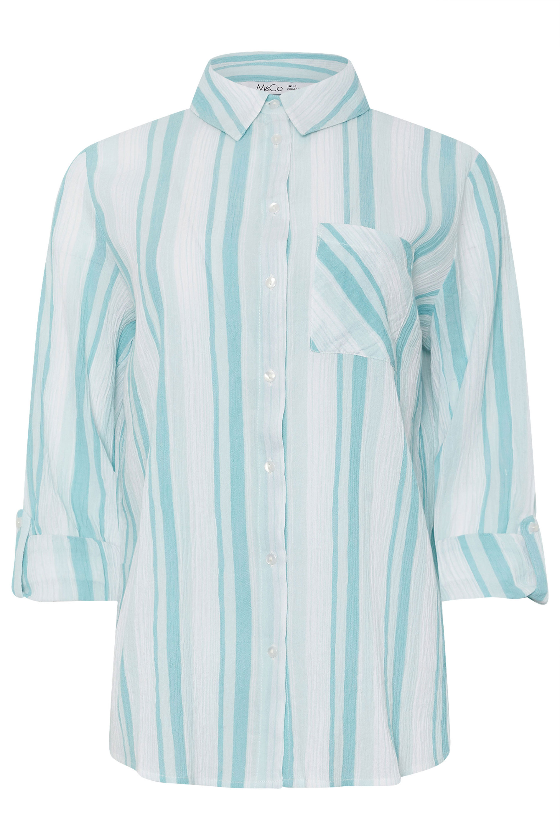 M&Co Blue Stripe Crepe Tab Sleeve Cotton Shirt | M&Co 5