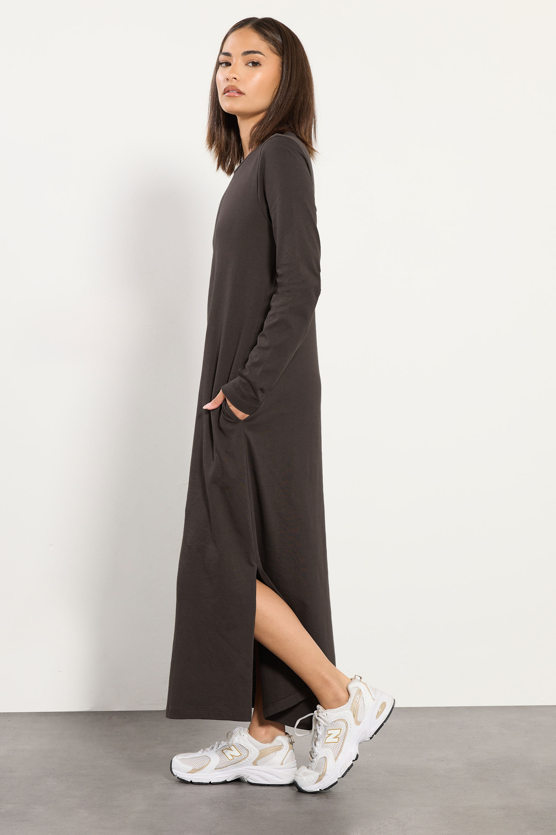 PixieGirl Petite Women's Chocolate Brown T-Shirt Cotton Maxi Dress | PixieGirl 1