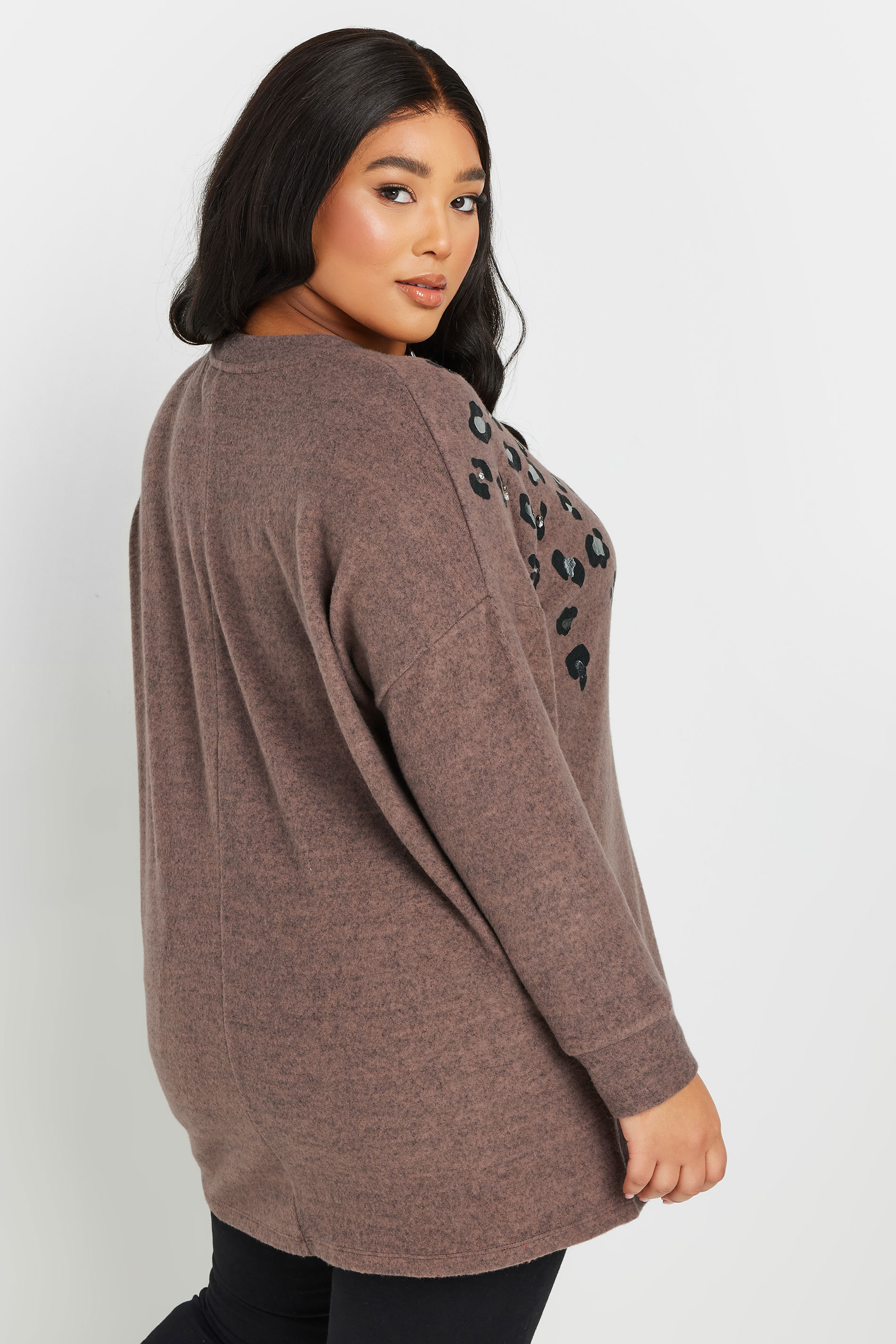 YOURS Plus Size Brown Soft Touch Leopard Print Jumper | Yours Clothing 2