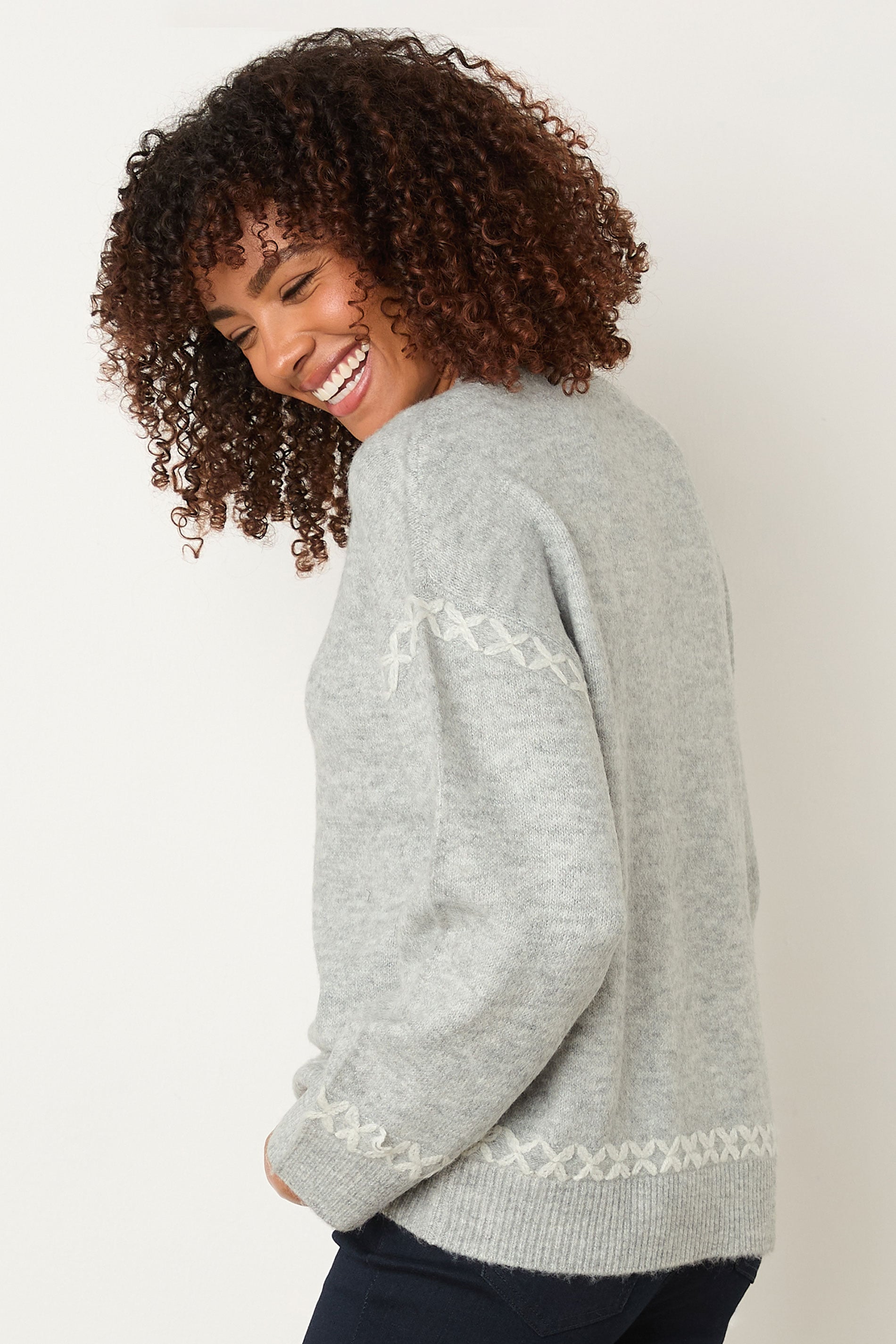M&Co Grey Contrast Blanket Stitch Jumper | M&Co 4