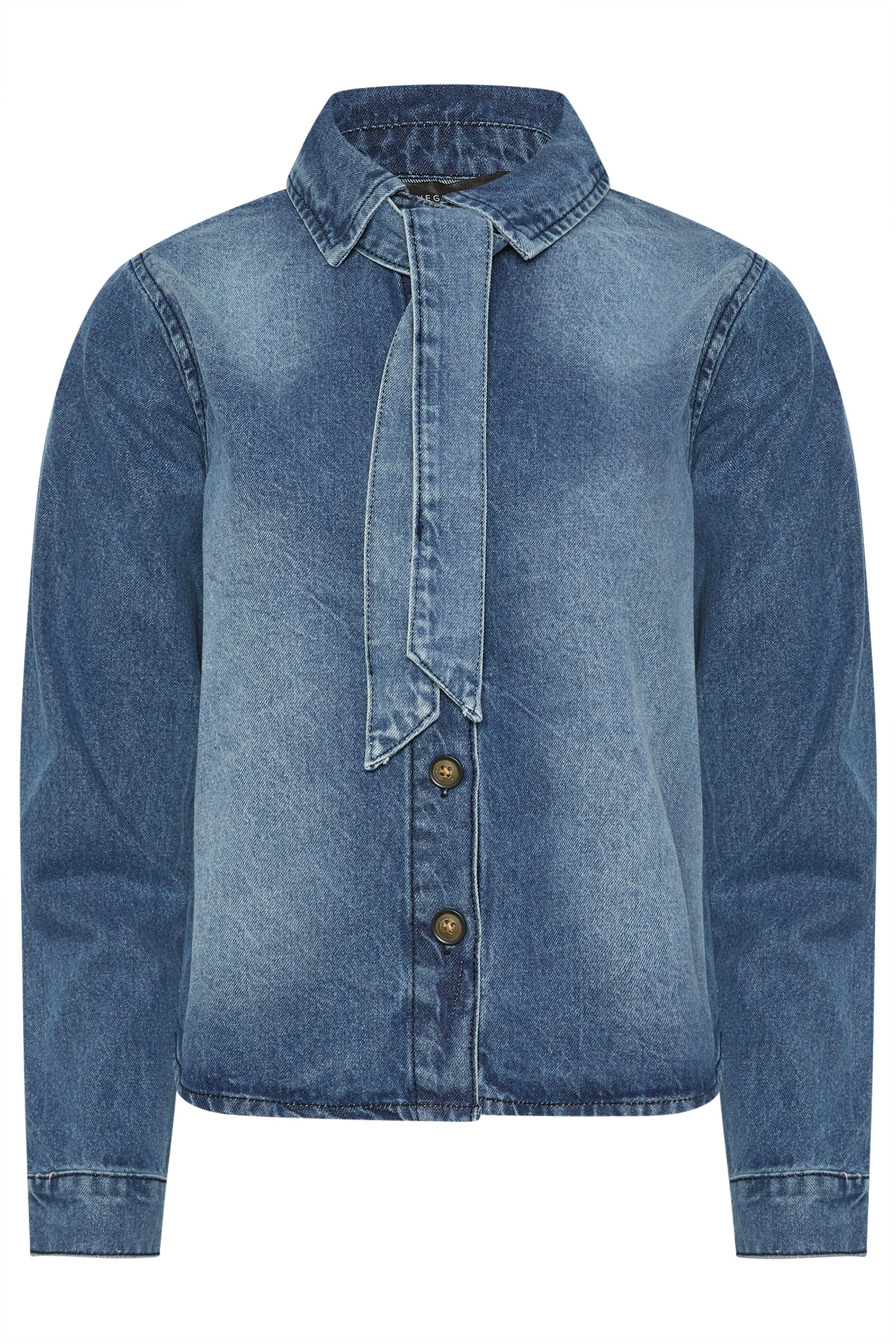 PixieGirl Petite Women's Blue Denim Tie Neck Cotton Shirt | PixieGirl 5