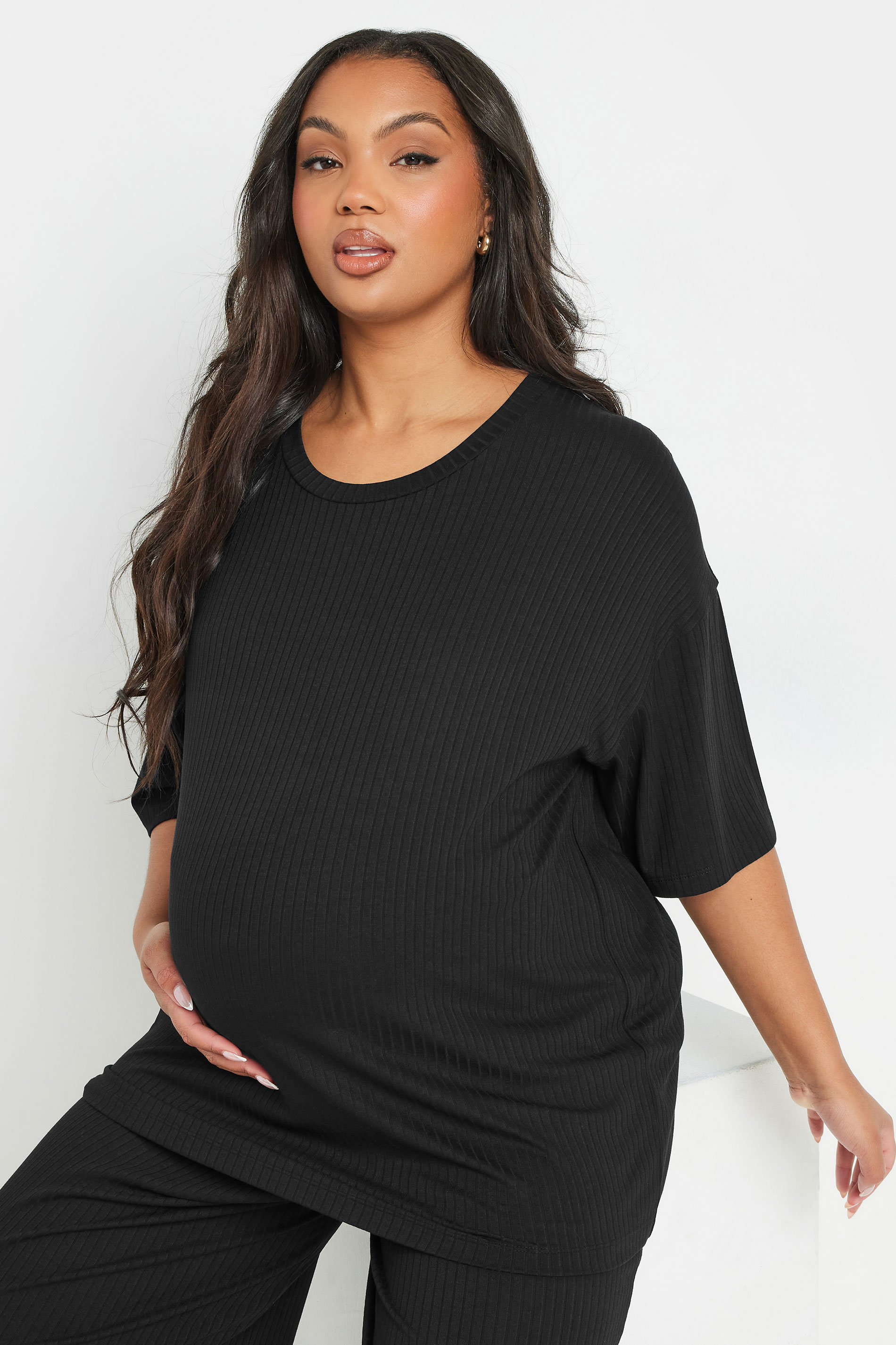 BUMP IT UP MATERNITY Plus Size Black Premium Ribbed Top | Yours Clothing 4