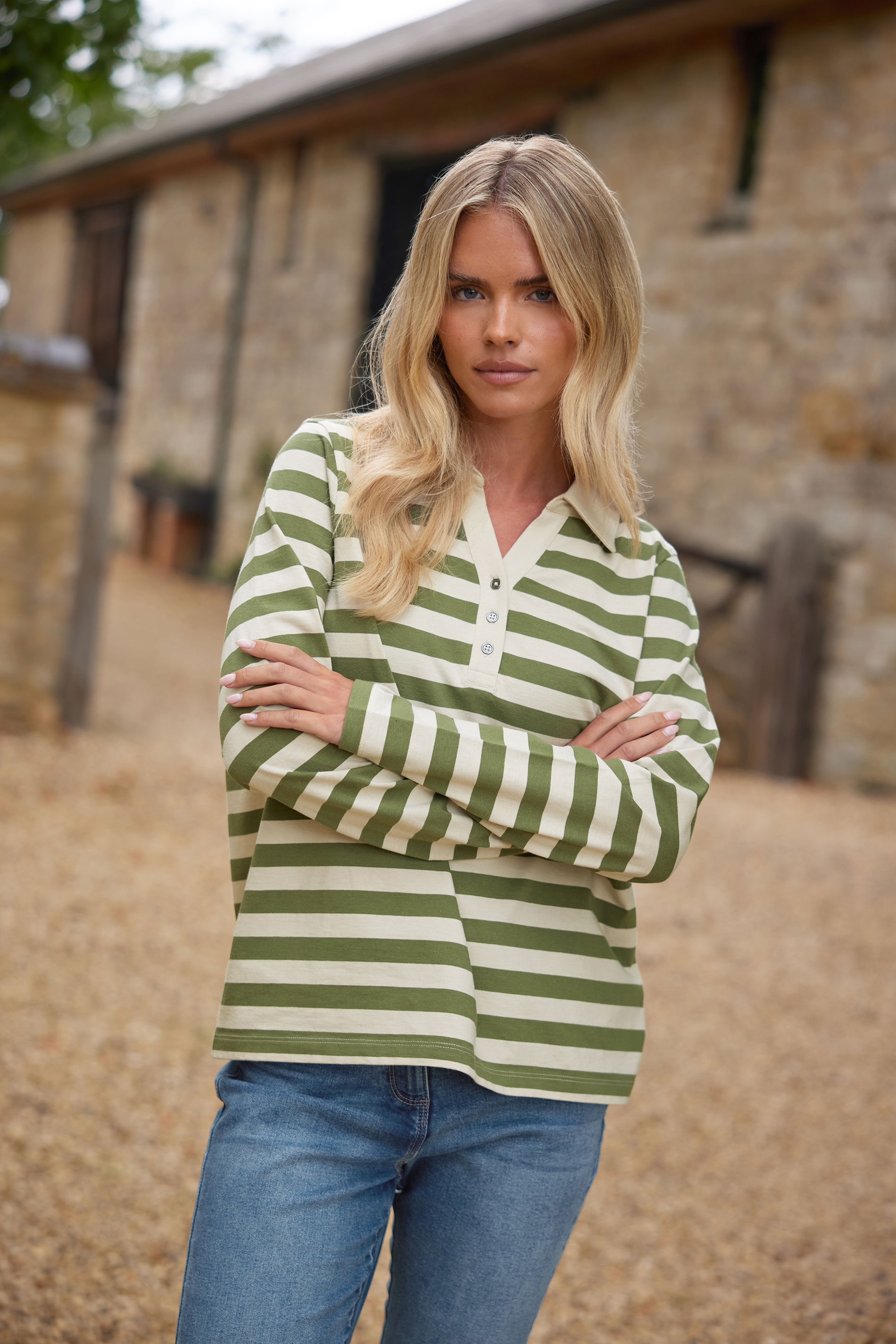 M&Co Petite Green & White Stripe Cotton Polo Shirt | M&Co 1