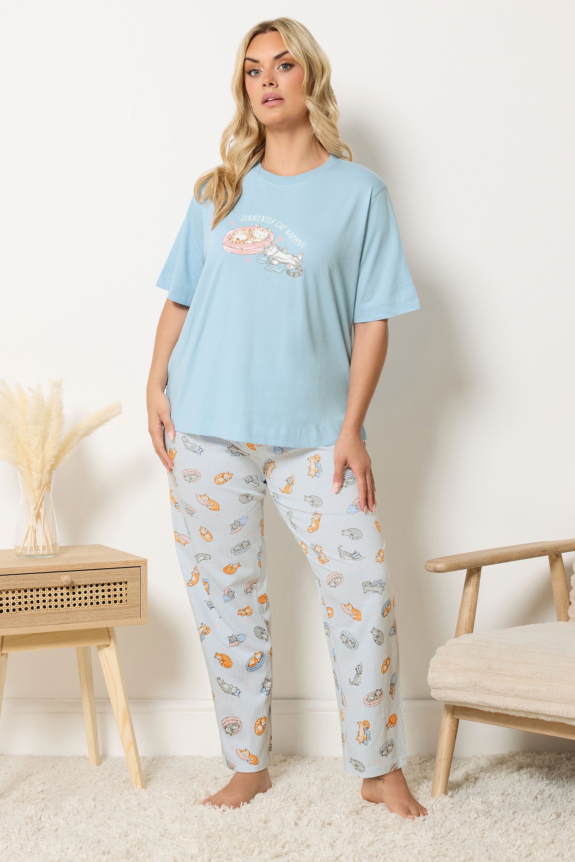 YOURS Plus Size Blue 'Currently Cat Napping' Slogan Wide Leg Pyjama Set | Yours Clothing 1