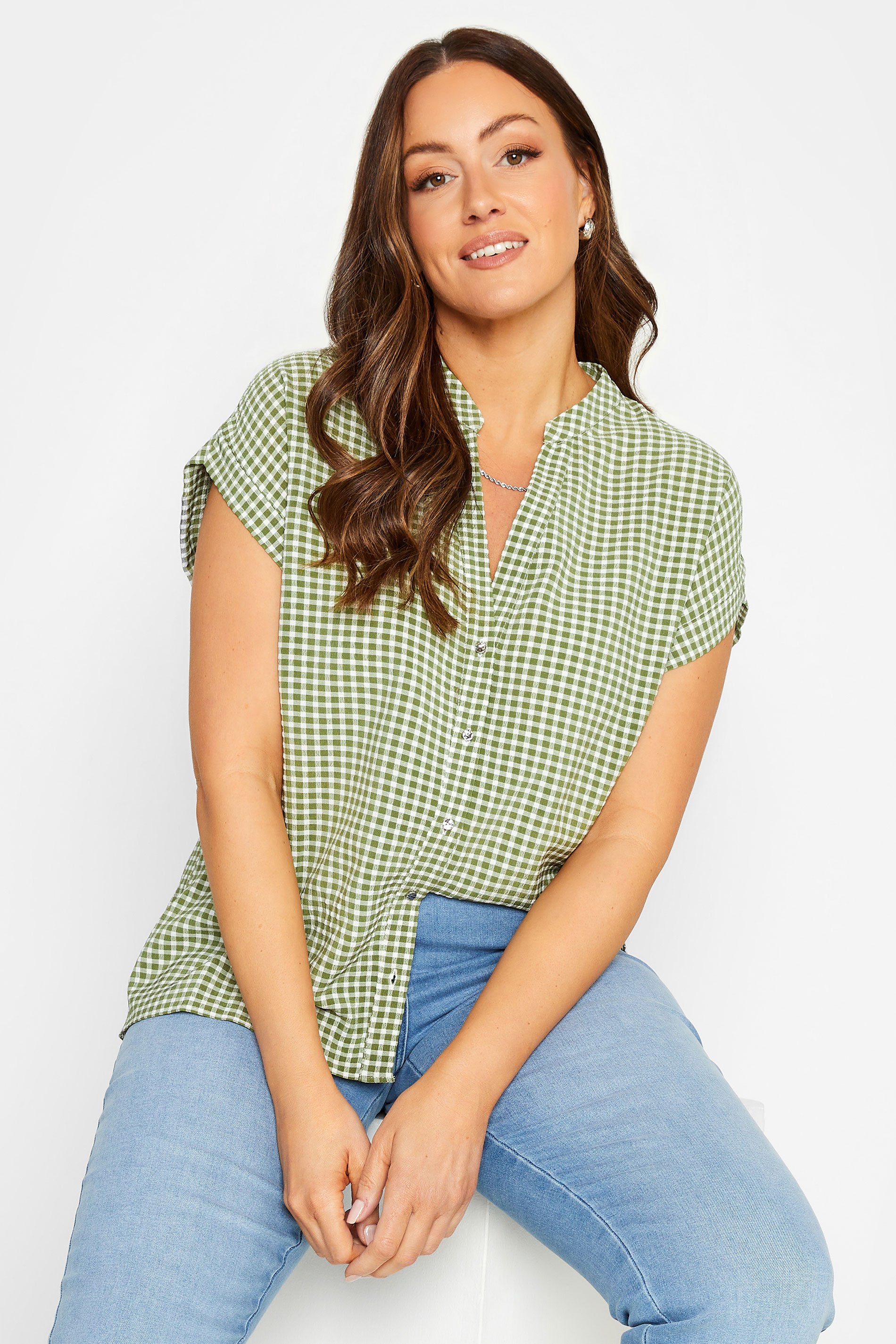 M&Co Khaki Green Gingham Short Sleeve Shirt | M&Co 1