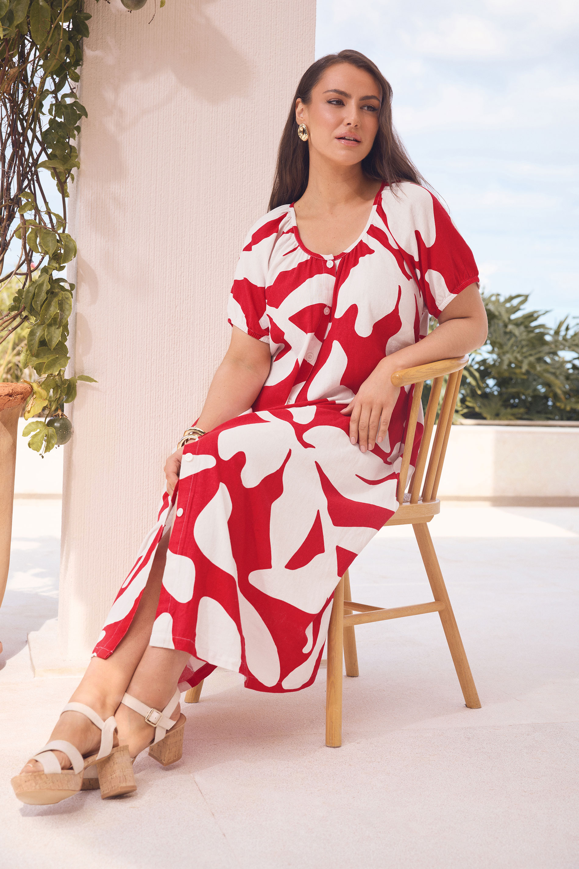 EVANS Plus Size Red Premium Linen Abstract Print Maxi Dress | Evans 3