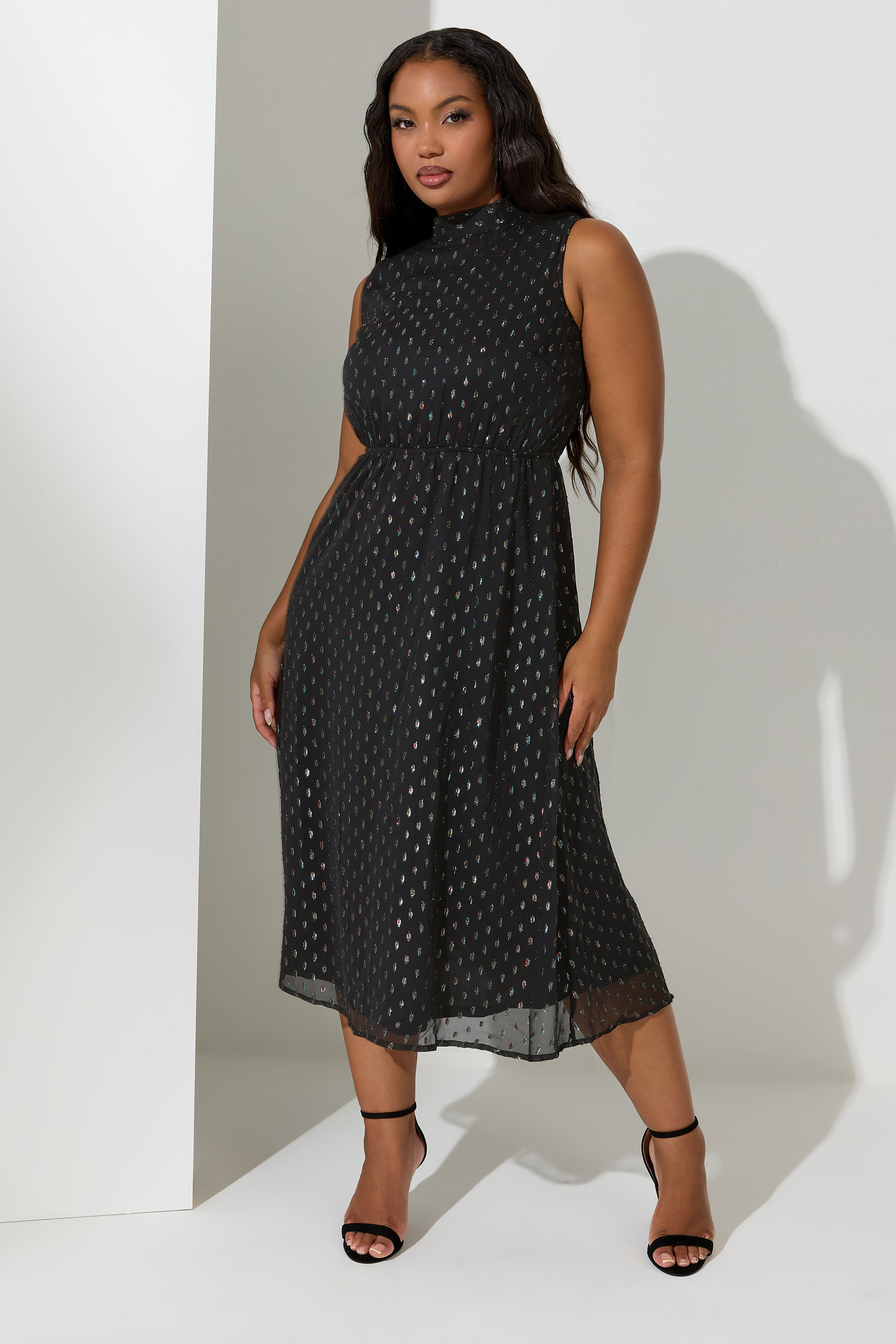 YOURS LONDON Plus Size Black Metallic Dobby Halter Neck Dress | Yours Clothing  1