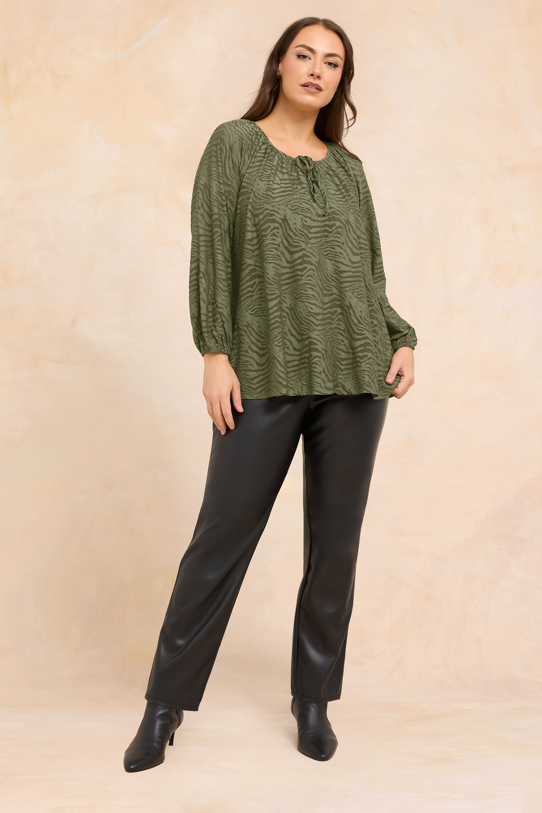 EVANS Plus Size Khaki Green Zebra Burnout Blouse | Evans 1