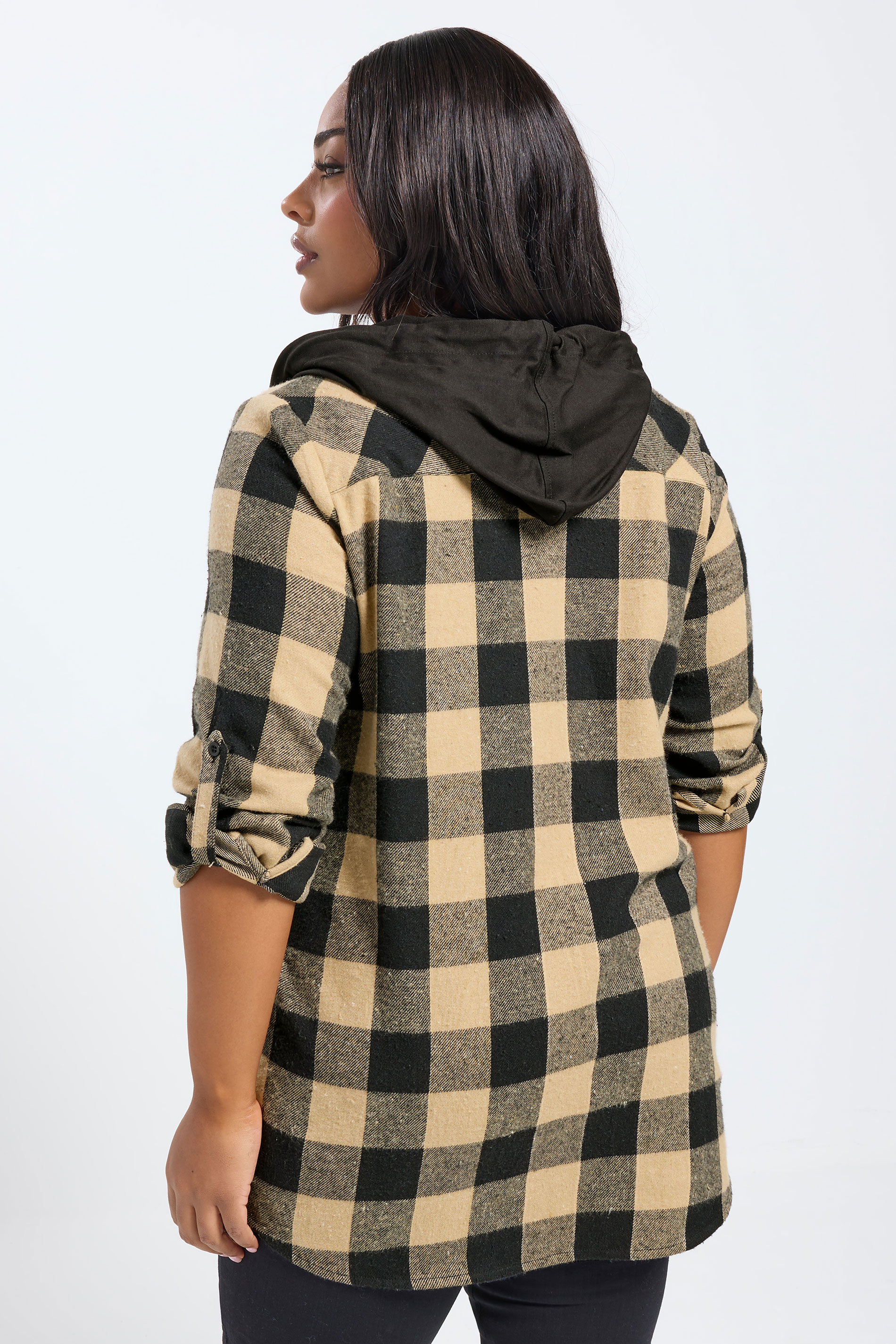 YOURS Plus Size Natural Brown Hooded Check Shirt | Yours Clothing 2