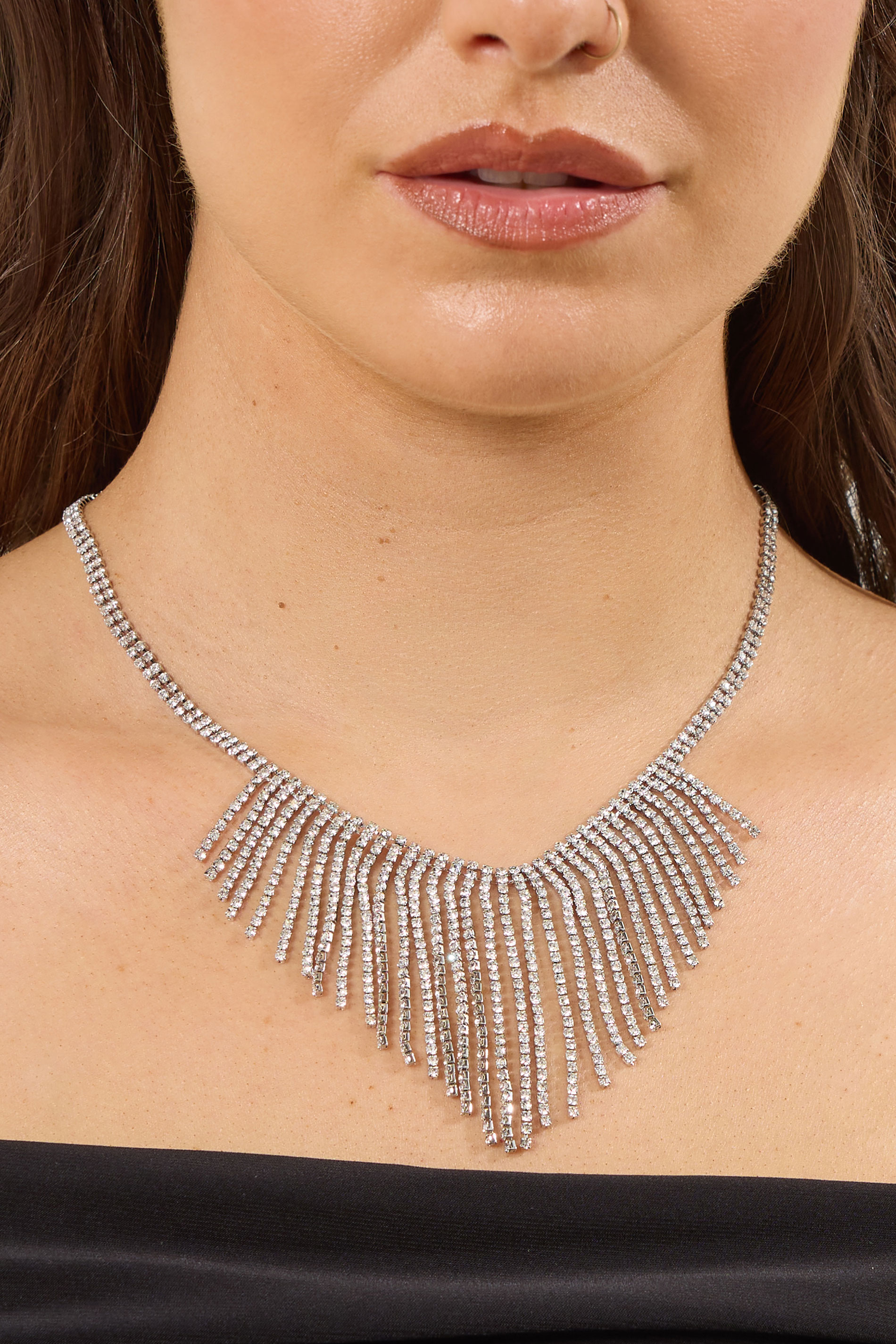 Women's Silver Yours Tone Diamante Statement Choker Necklace Size One Size