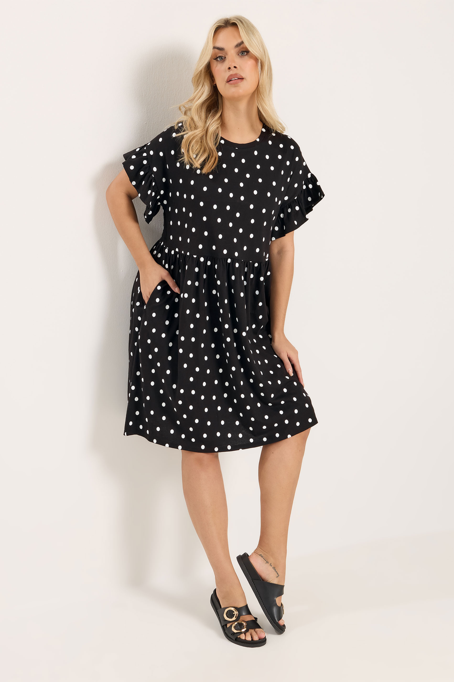 YOURS Plus Size Black Polka Dot Frill Sleeve Tunic Dress | Yours Clothing 1