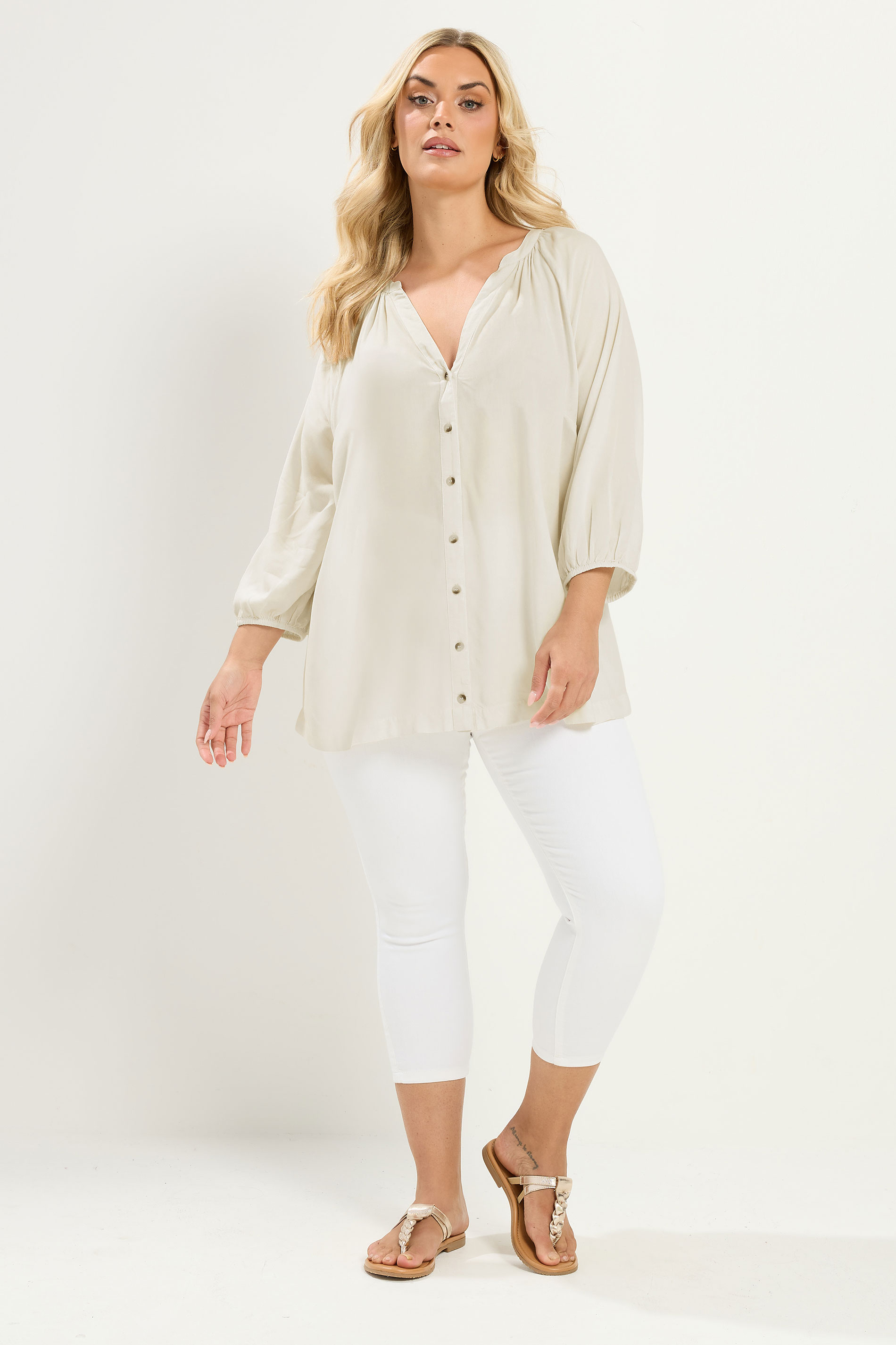 YOURS Plus Size Ivory White Chambray Blouse | Yours Clothing 1