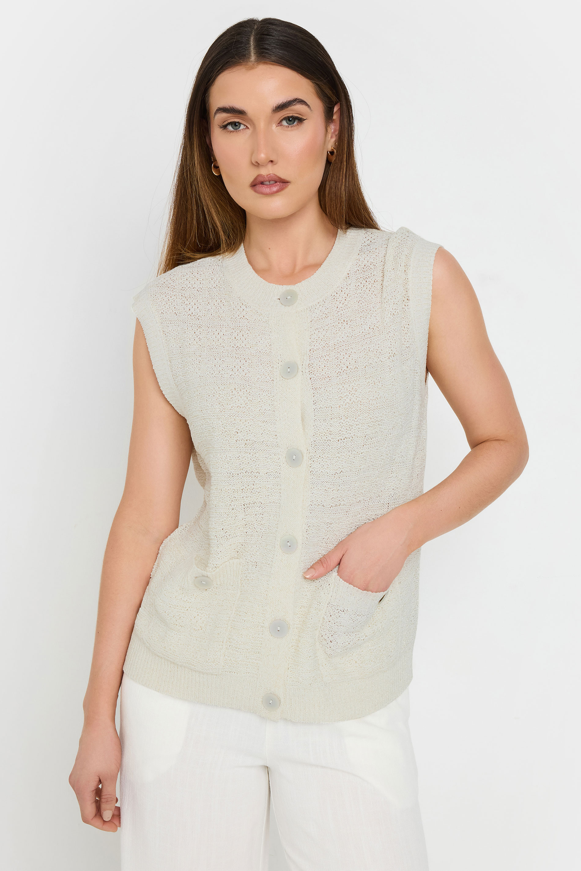 LTS Tall Ivory White Knitted Metallic Button Vest Top | Long Tall Sally 1