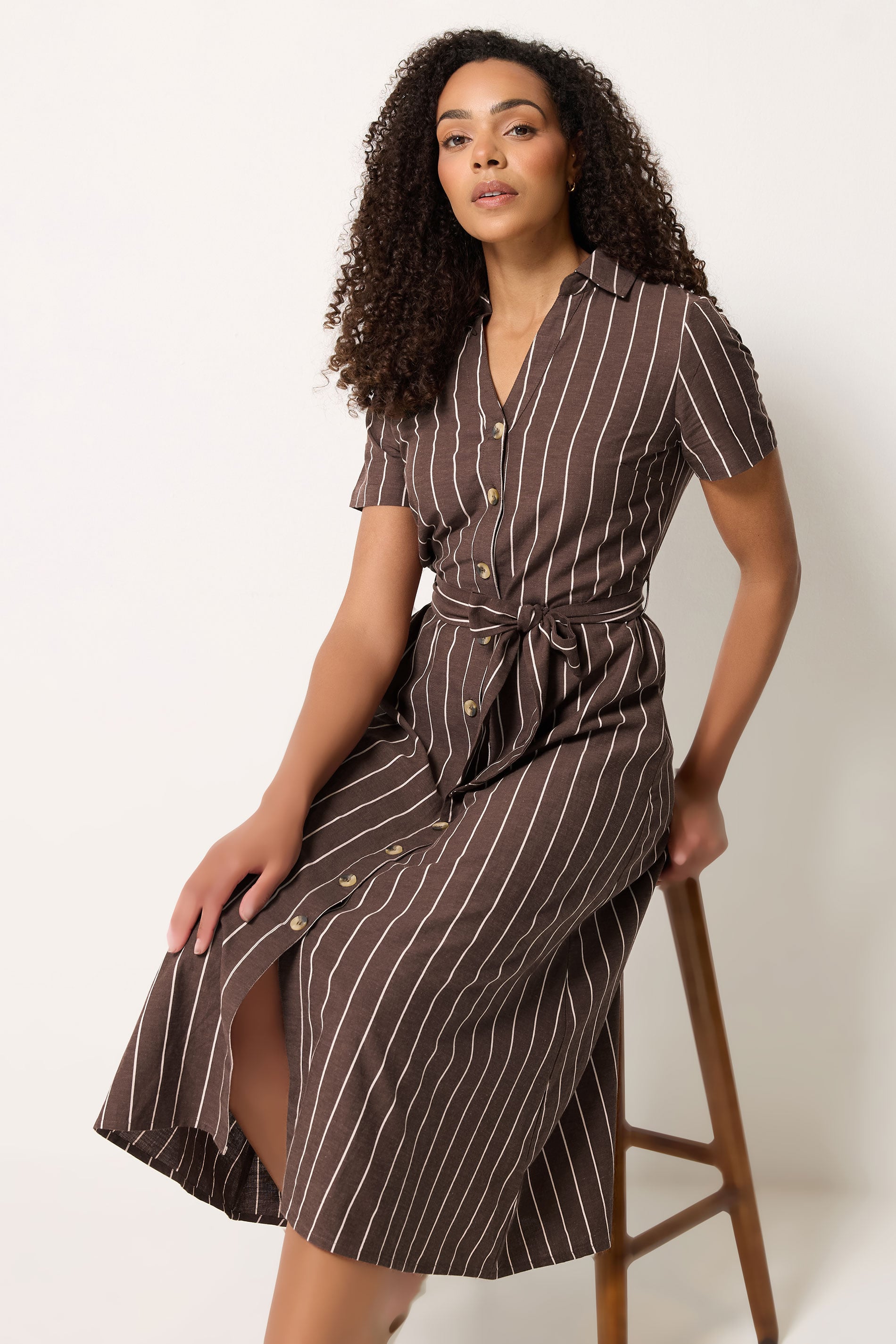 M&Co Chocolate Brown Stripe Midi Shirt Dress | M&Co 2