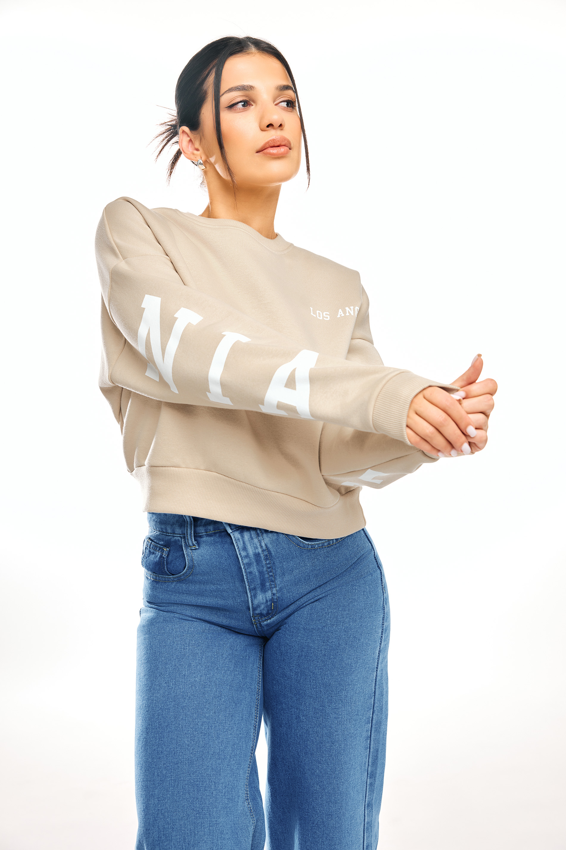 PixieGirl Petite Womens Stone Brown 'California' Slogan Cropped Sweatshirt | PixieGirl 3