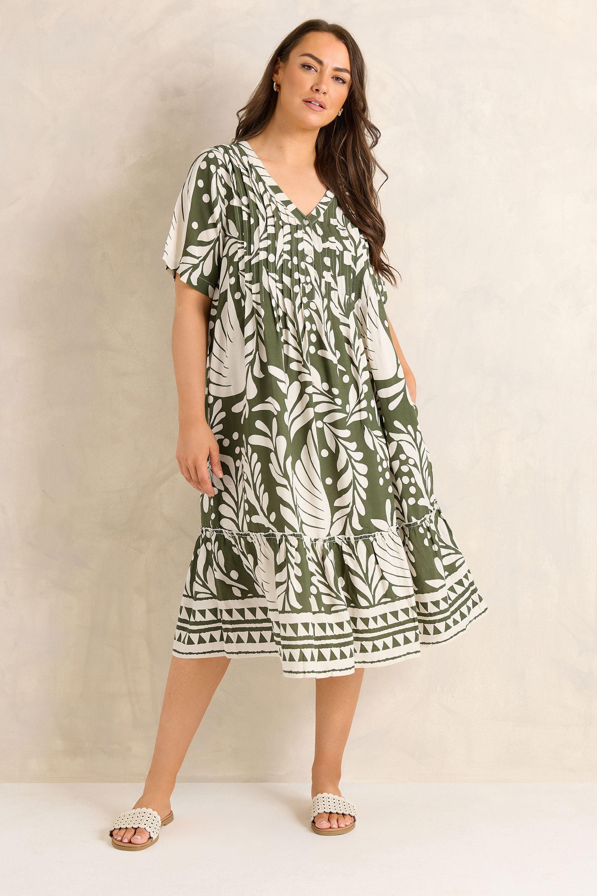 EVANS Plus Size Green Abstract Pintuck Dress | Evans 1
