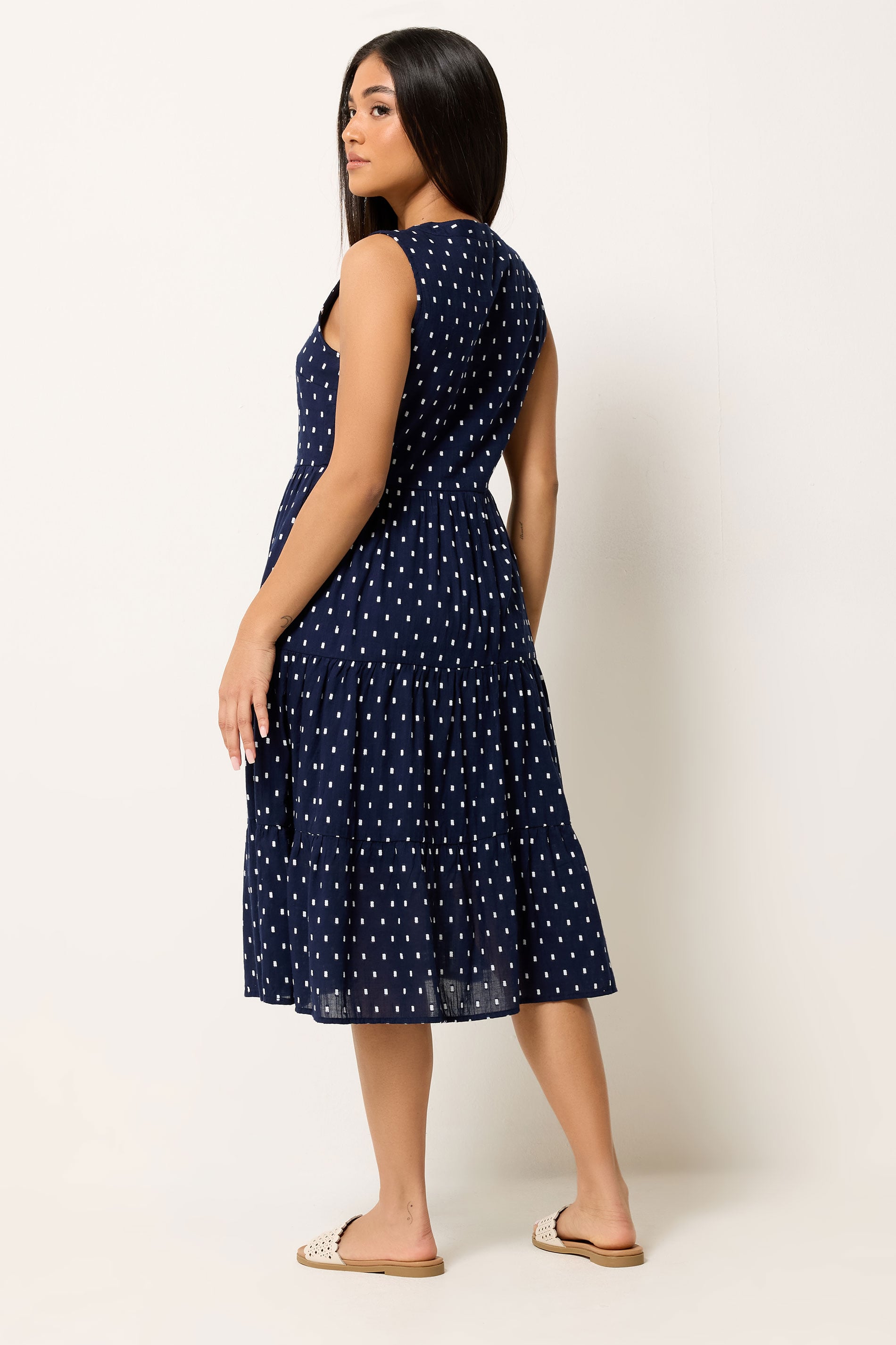 M&Co Petite Navy Blue Dobby Sleeveless Tiered Midi Dress | M&Co 4
