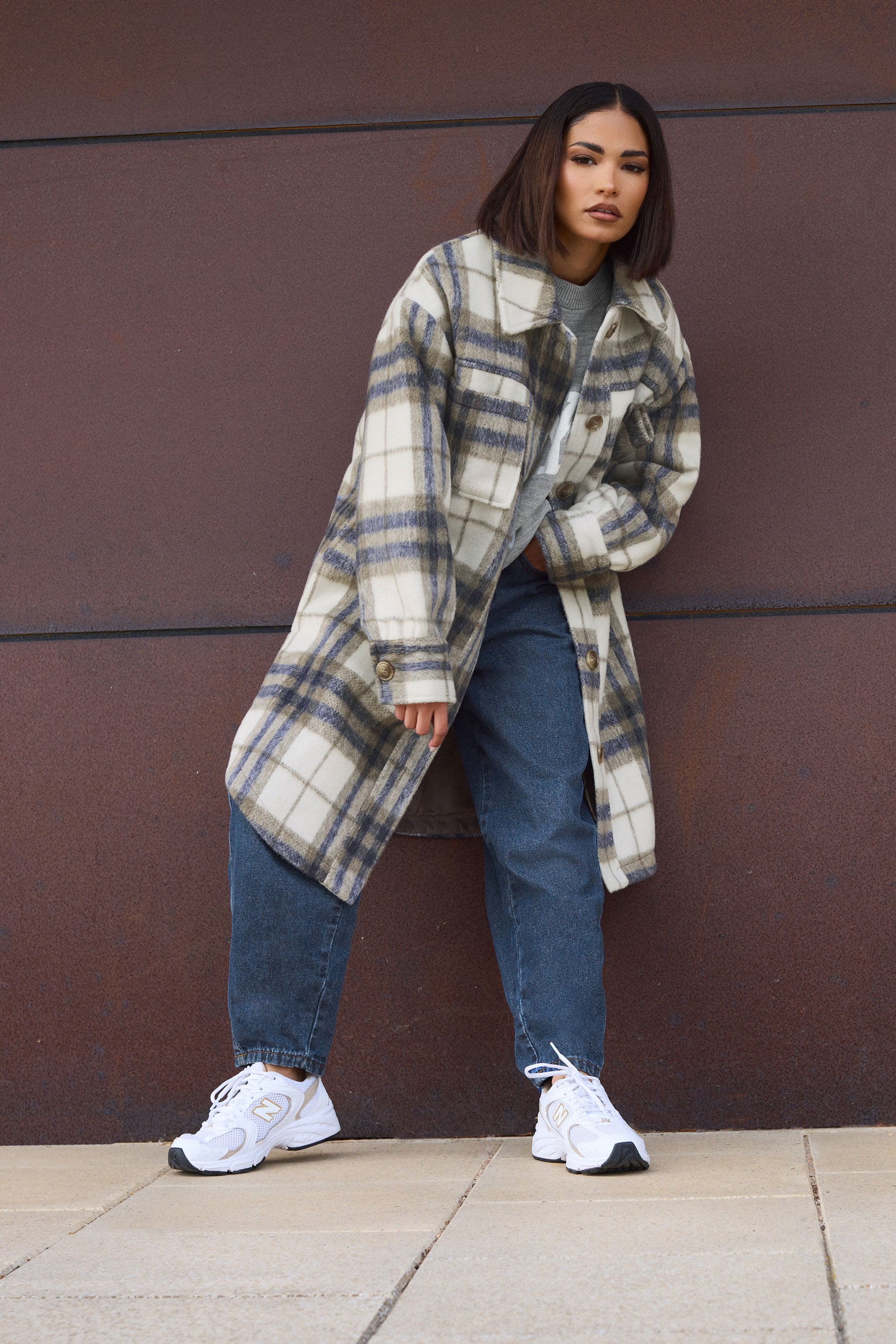 PixieGirl Petite Women's Blue Blurred Check Print Longline Shacket | PixieGirl 3