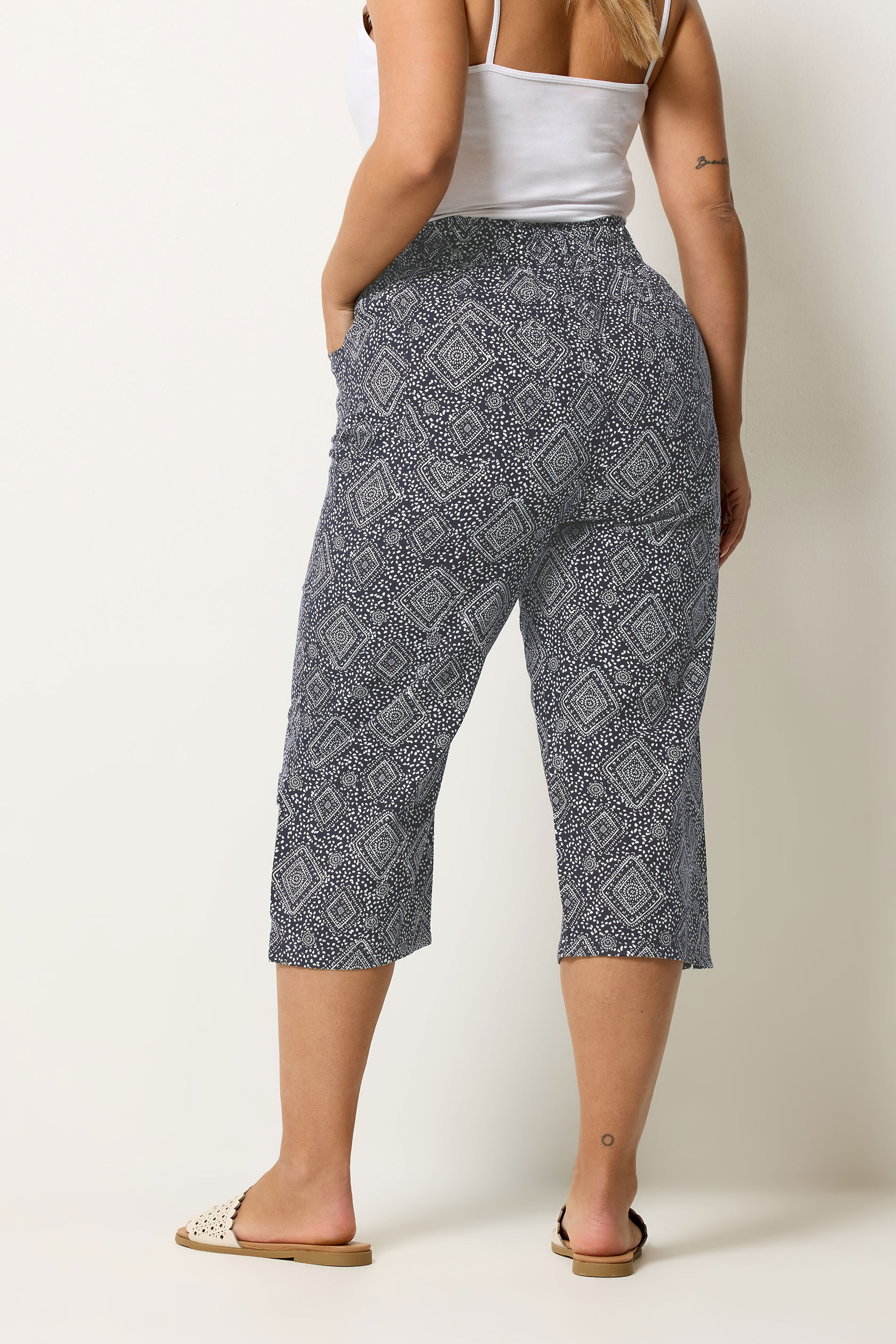 YOURS Plus Size Navy Blue Geometric Cool Cotton Cropped Trousers | Yours Clothing 2