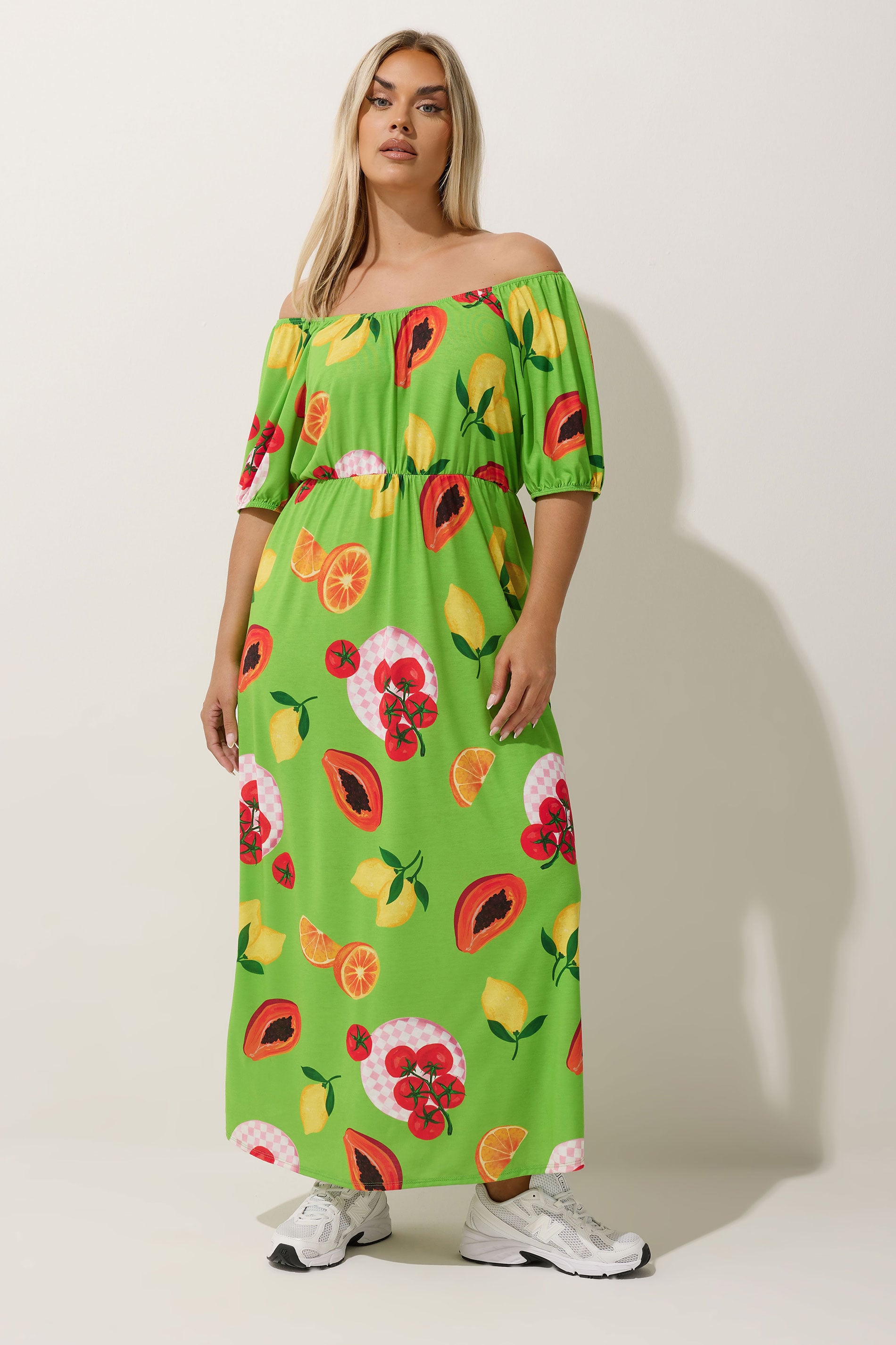LIMITED COLLECTION Plus Size Green Fruit Print Bardot Dress | Yours Clothing 1
