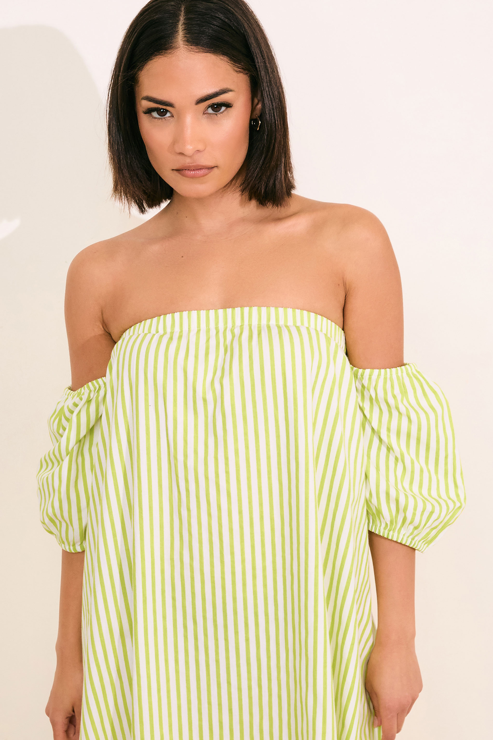 PixieGirl Petite Women's Lime Green Stripe Bardot Cotton Maxi Dress | PixieGirl 6