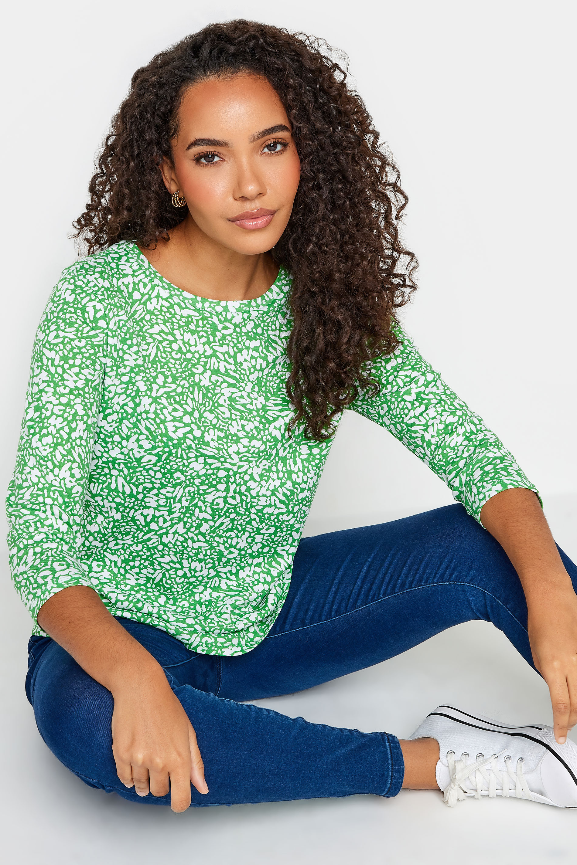 M&Co Green Abstract Print 3/4 Sleeve Cotton Top | M&Co  1