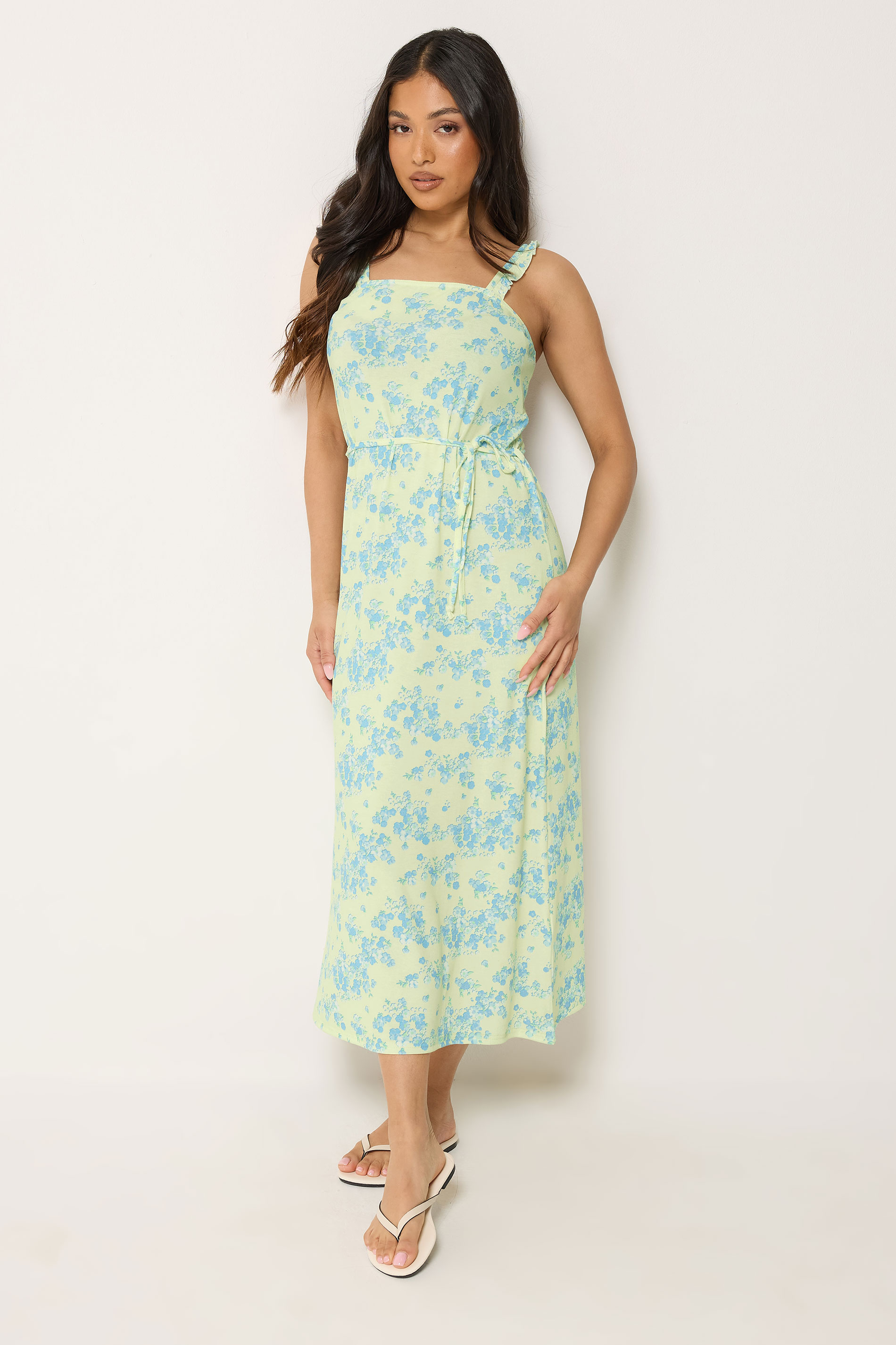 PixieGirl Petite Women's Yellow Floral Belted Midi Dress | PixieGirl 1
