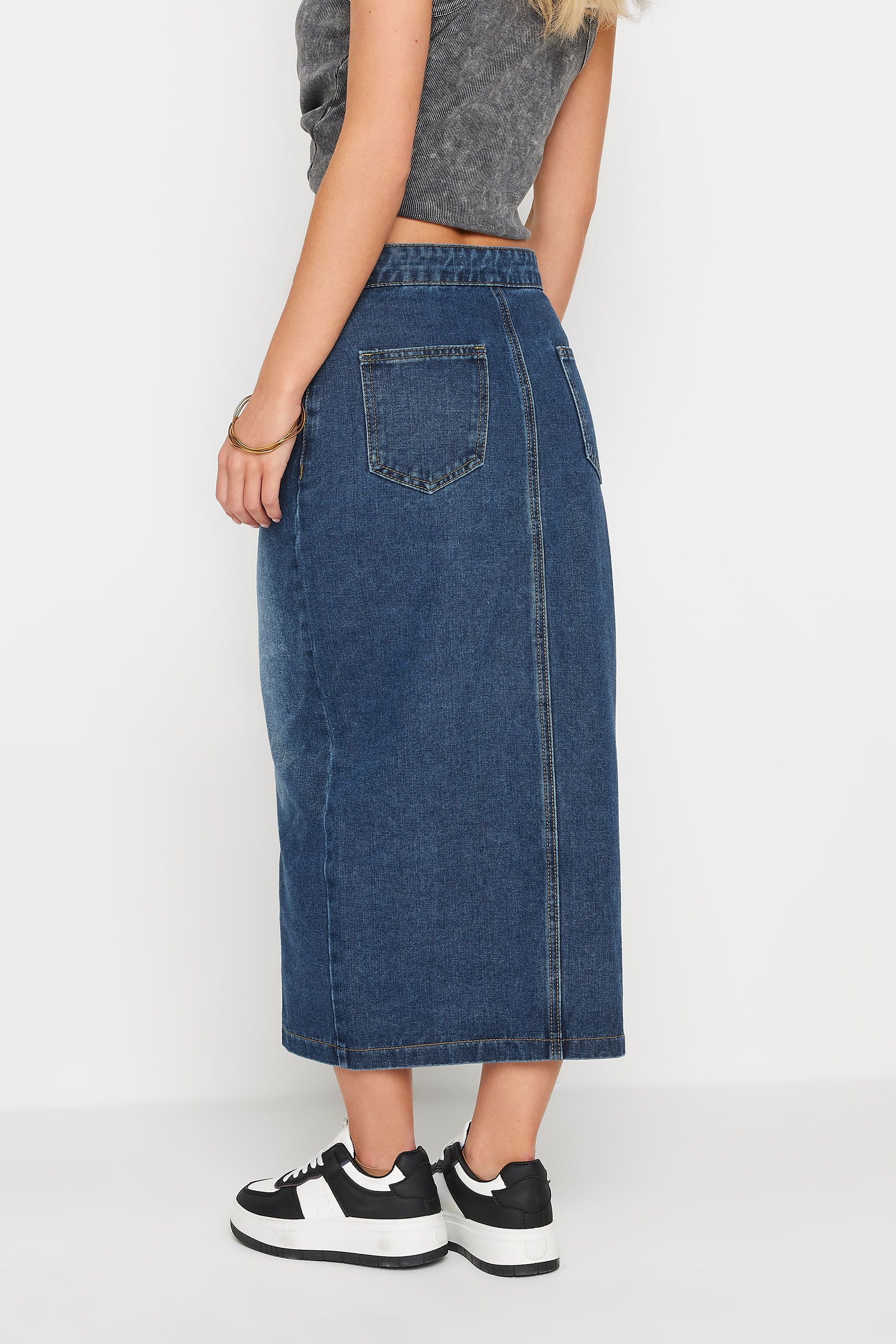 PixieGirl Petite Women's Blue Denim Zip Front Midi Skirt | PixieGirl 2