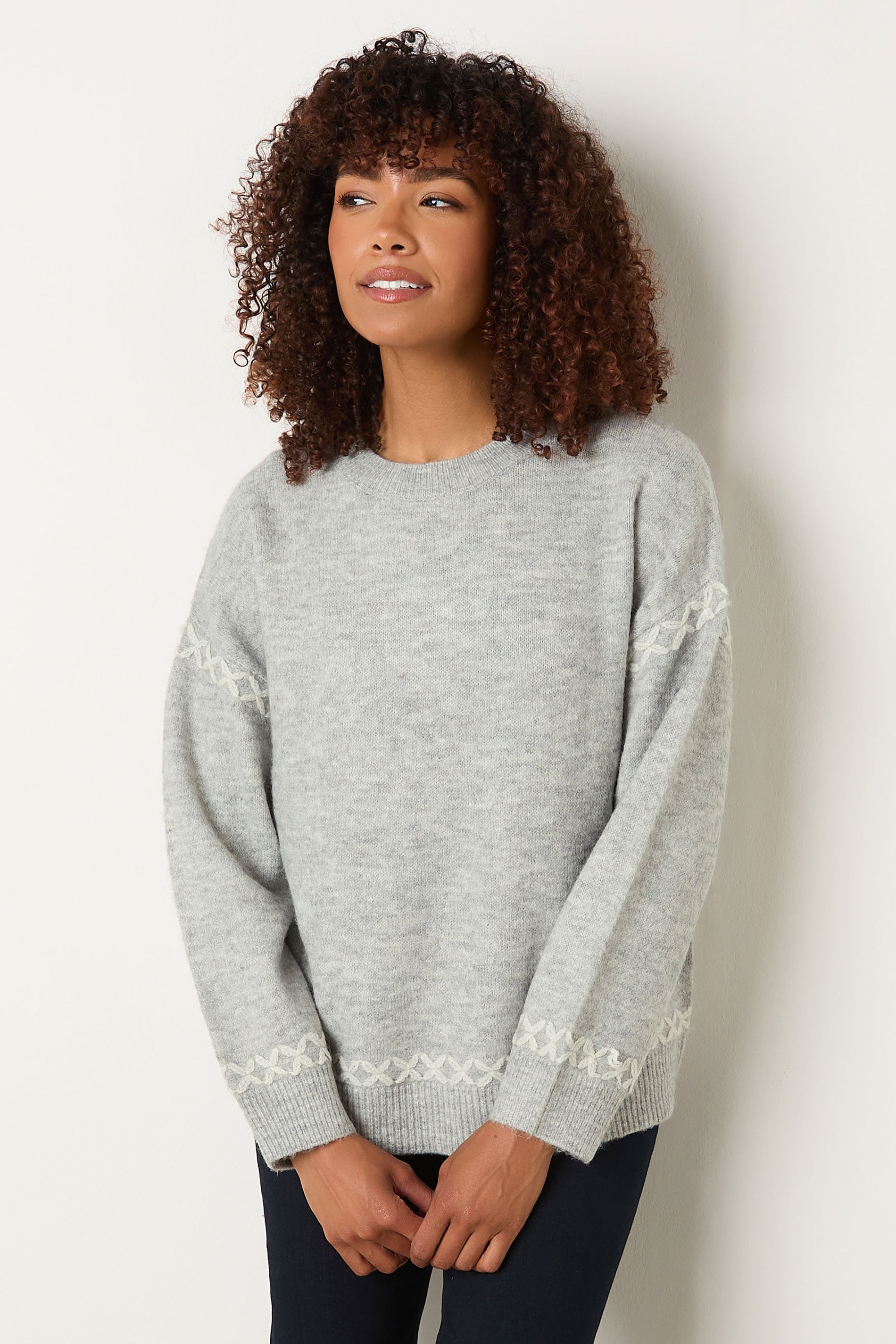 M&Co Grey Contrast Blanket Stitch Jumper | M&Co 1