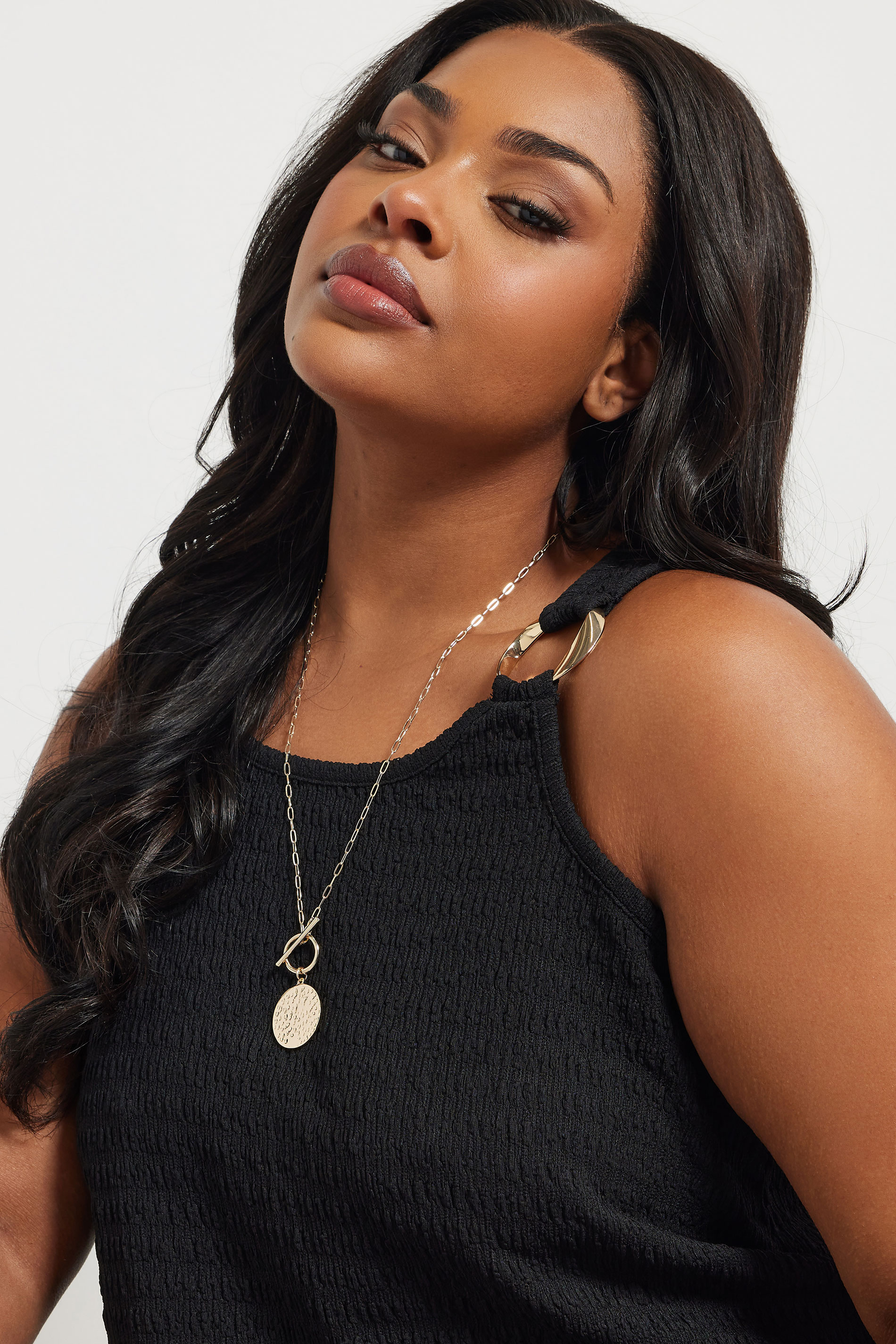 Women's Gold Yours Tone Textured Circle Long Necklace Size One Size