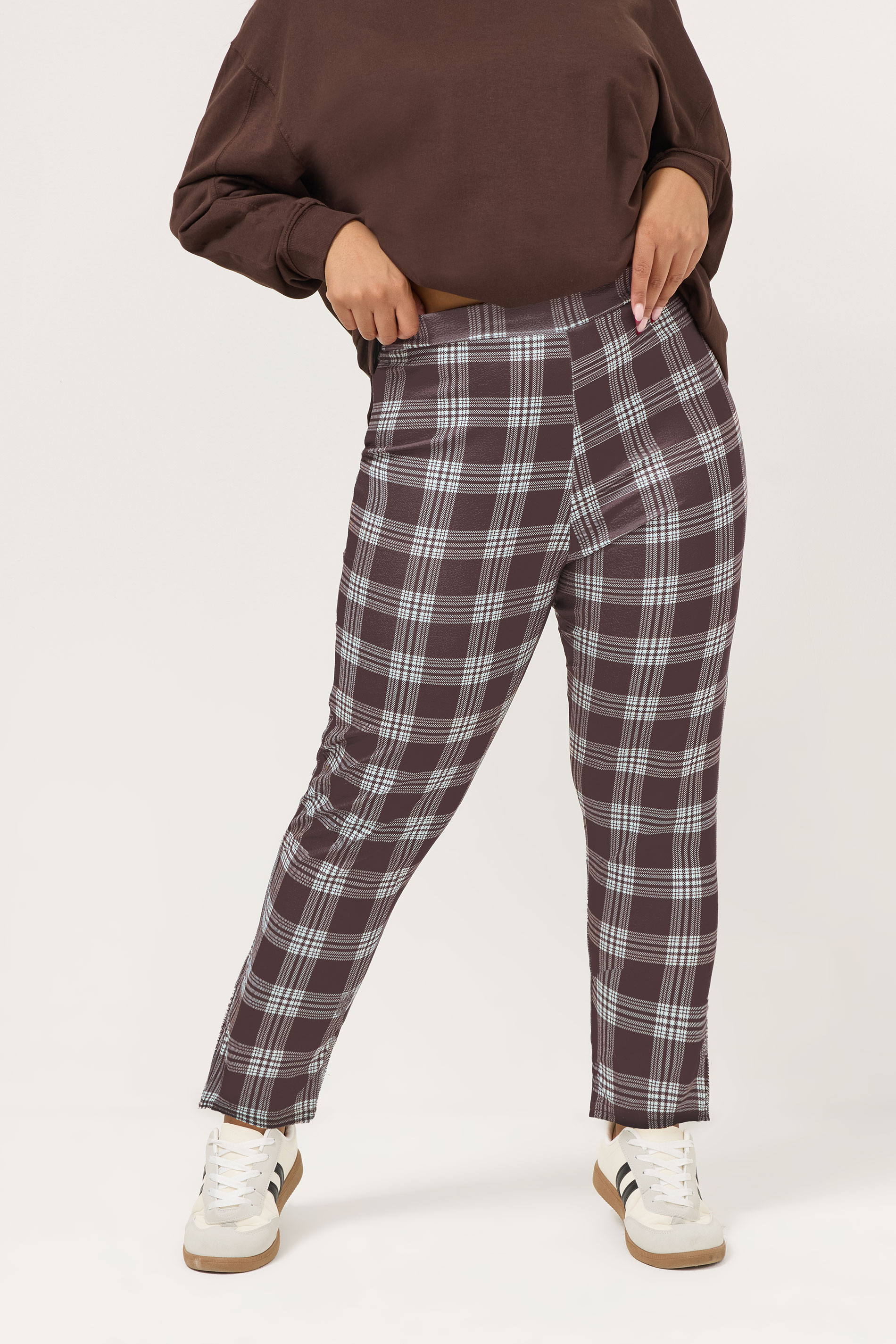 YOURS Plus Size Chocolate Brown Check Crepe Tapered Trousers | Yours Clothing 3