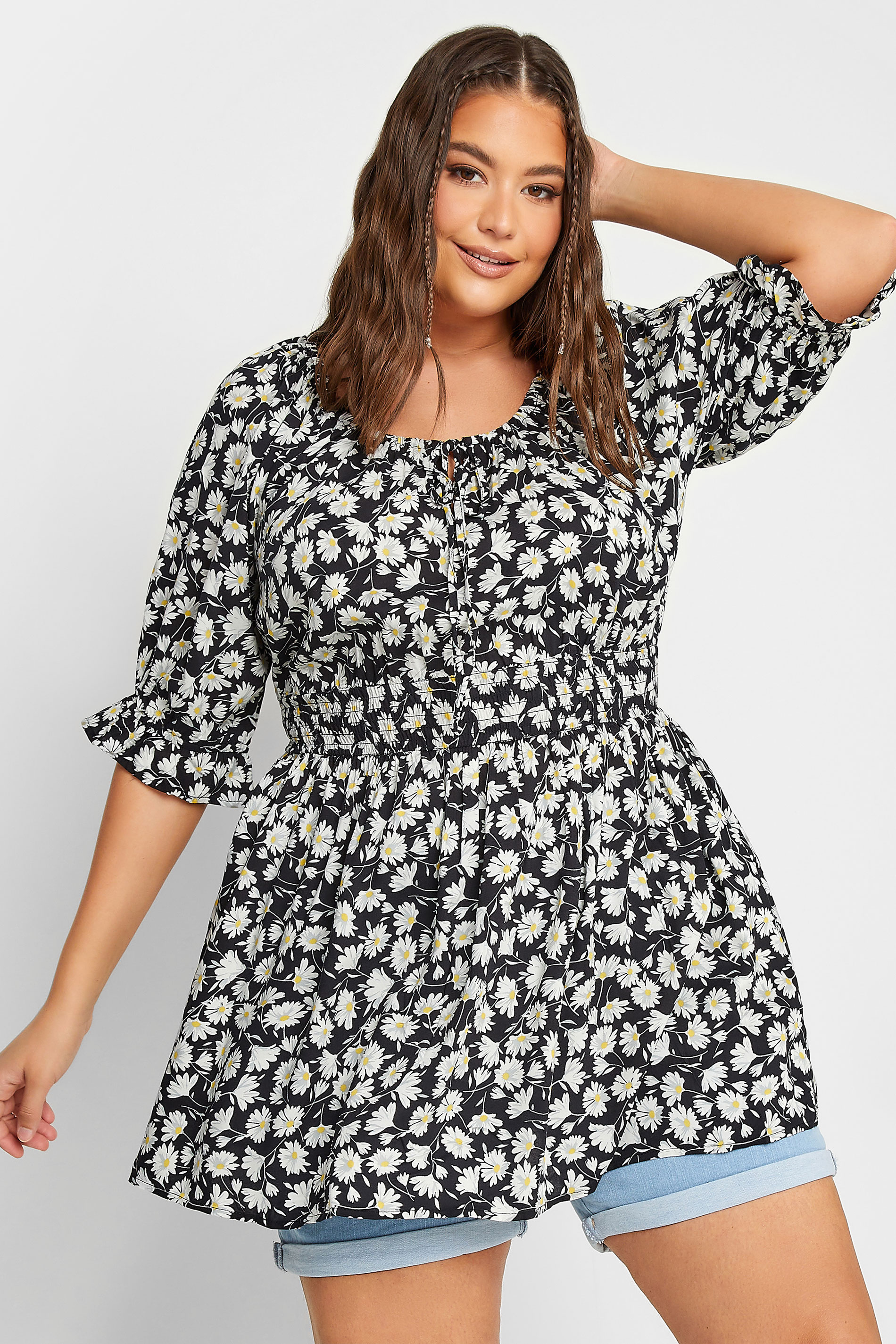 YOURS Plus Size Black Floral Shirred Tie Neck Top | Yours Clothing 1