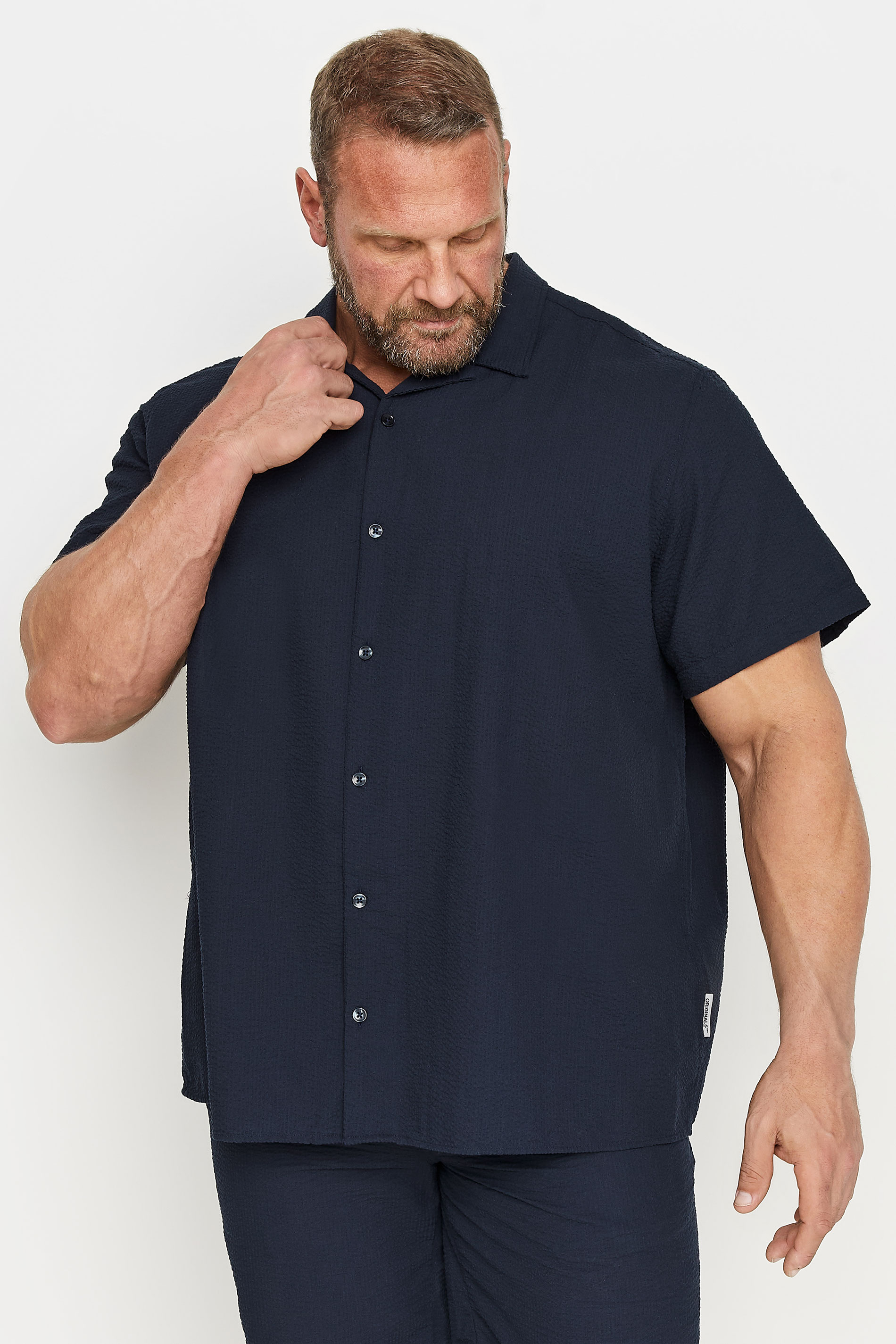 JACK & JONES Big & Tall Dark Blue Stripe Revere Collar Seersucker Shirt | BadRhino 2