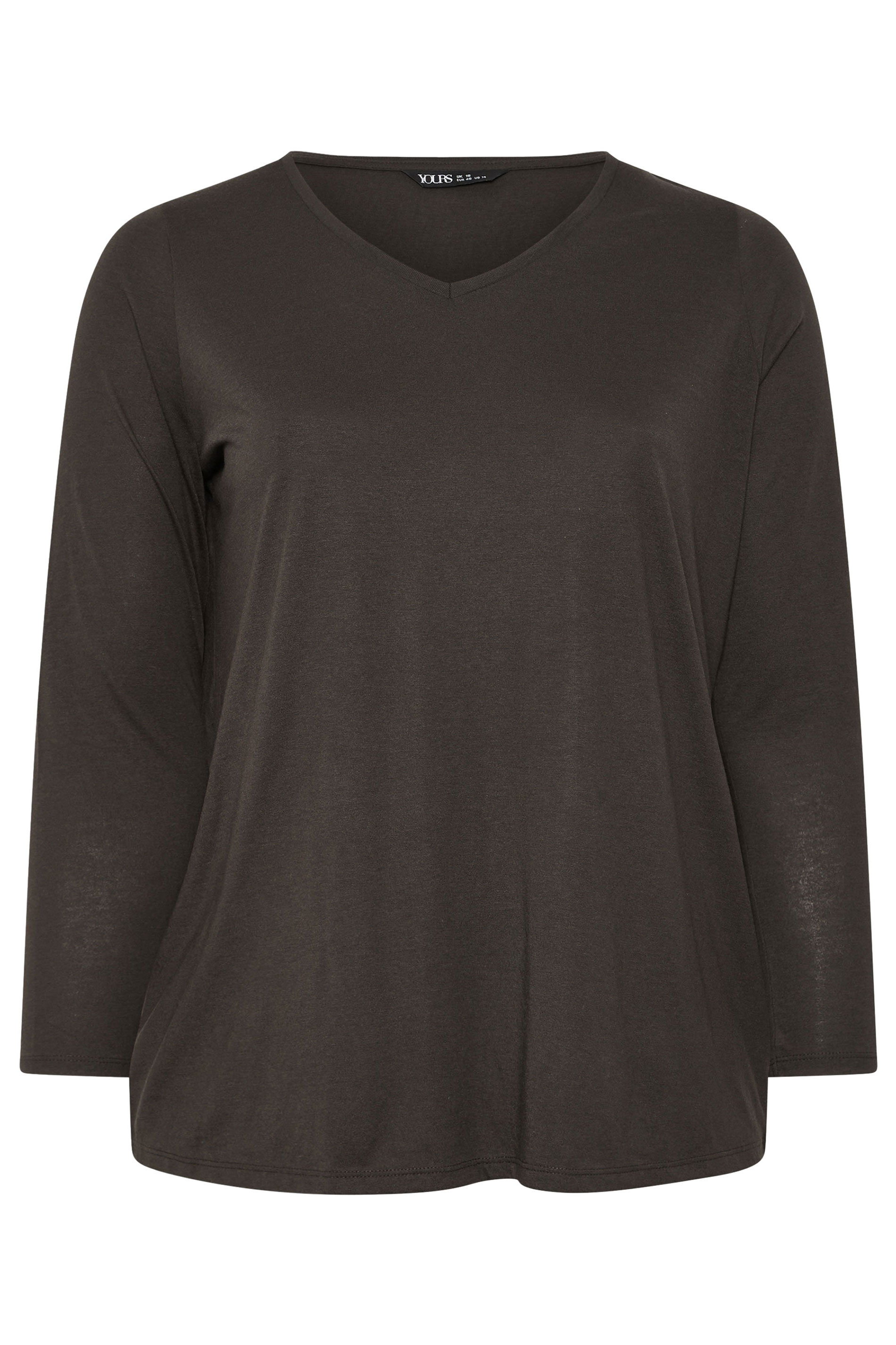 YOURS Plus Size Dark Brown Essential Long Sleeve V-Neck T-Shirt | Yours Clothing 5