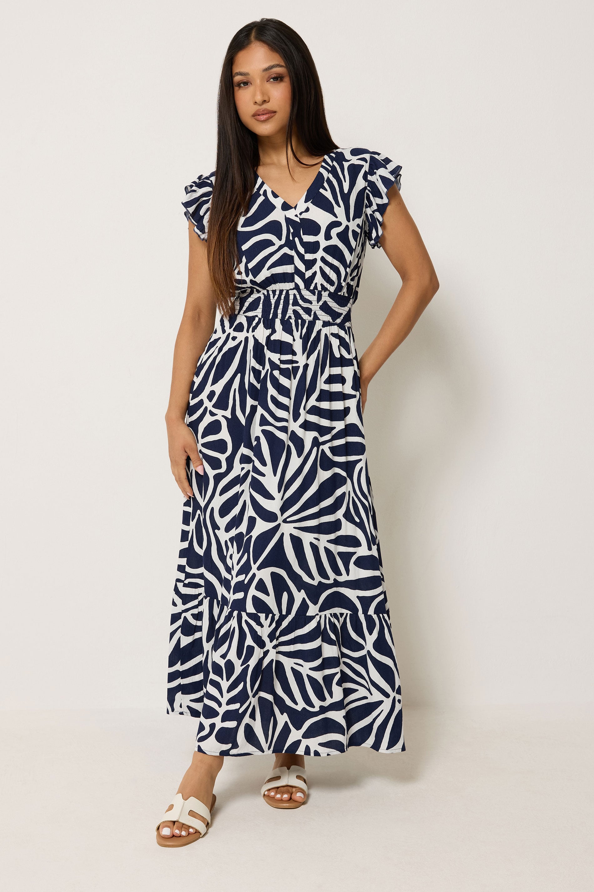 M&Co Petite Navy Blue Abstract Print V-Neck Dress | M&Co 3