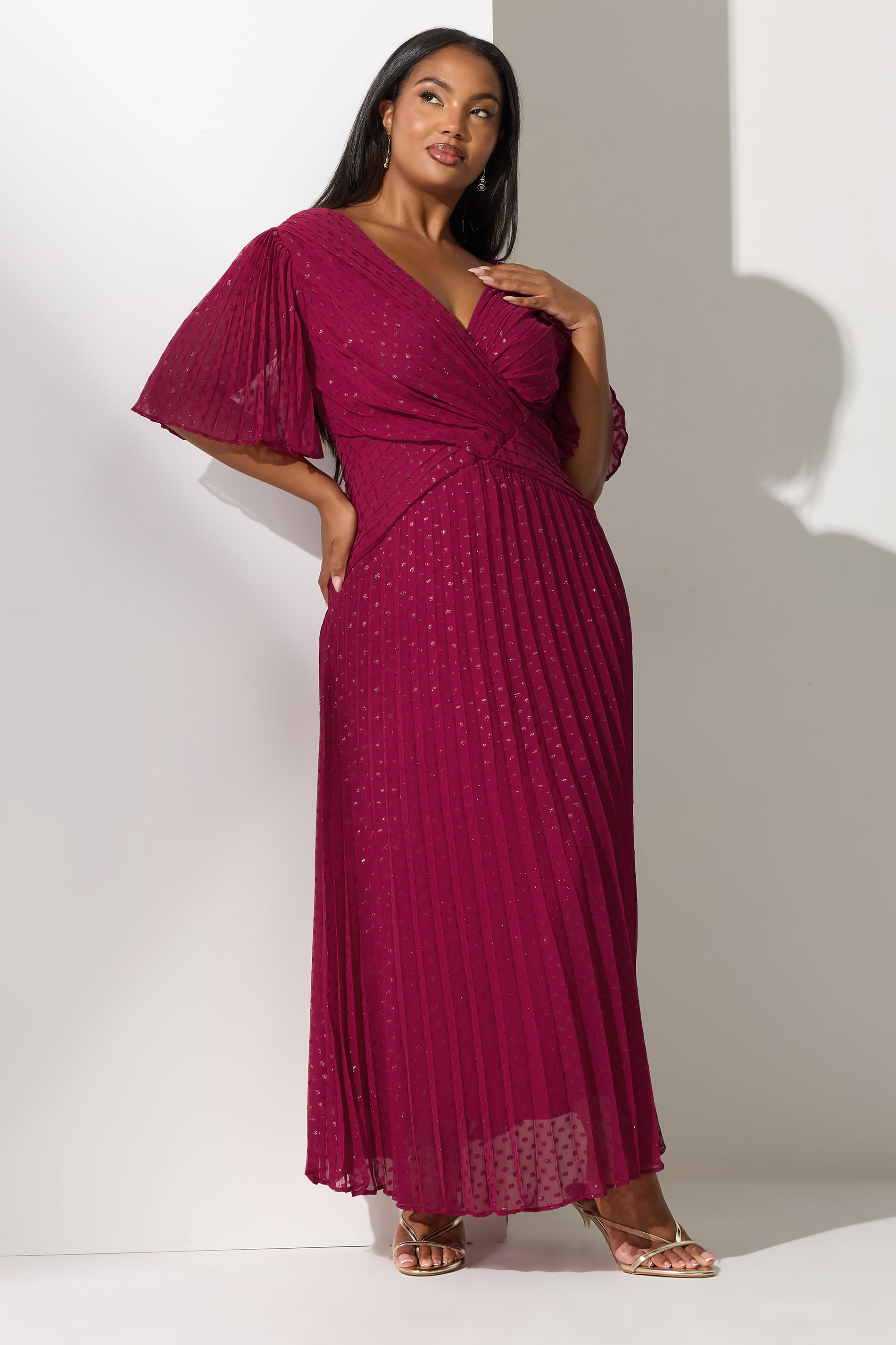 YOURS LONDON Plus Size Red Metallic Dobby Pleated Wrap Dress | Yours Clothing 1
