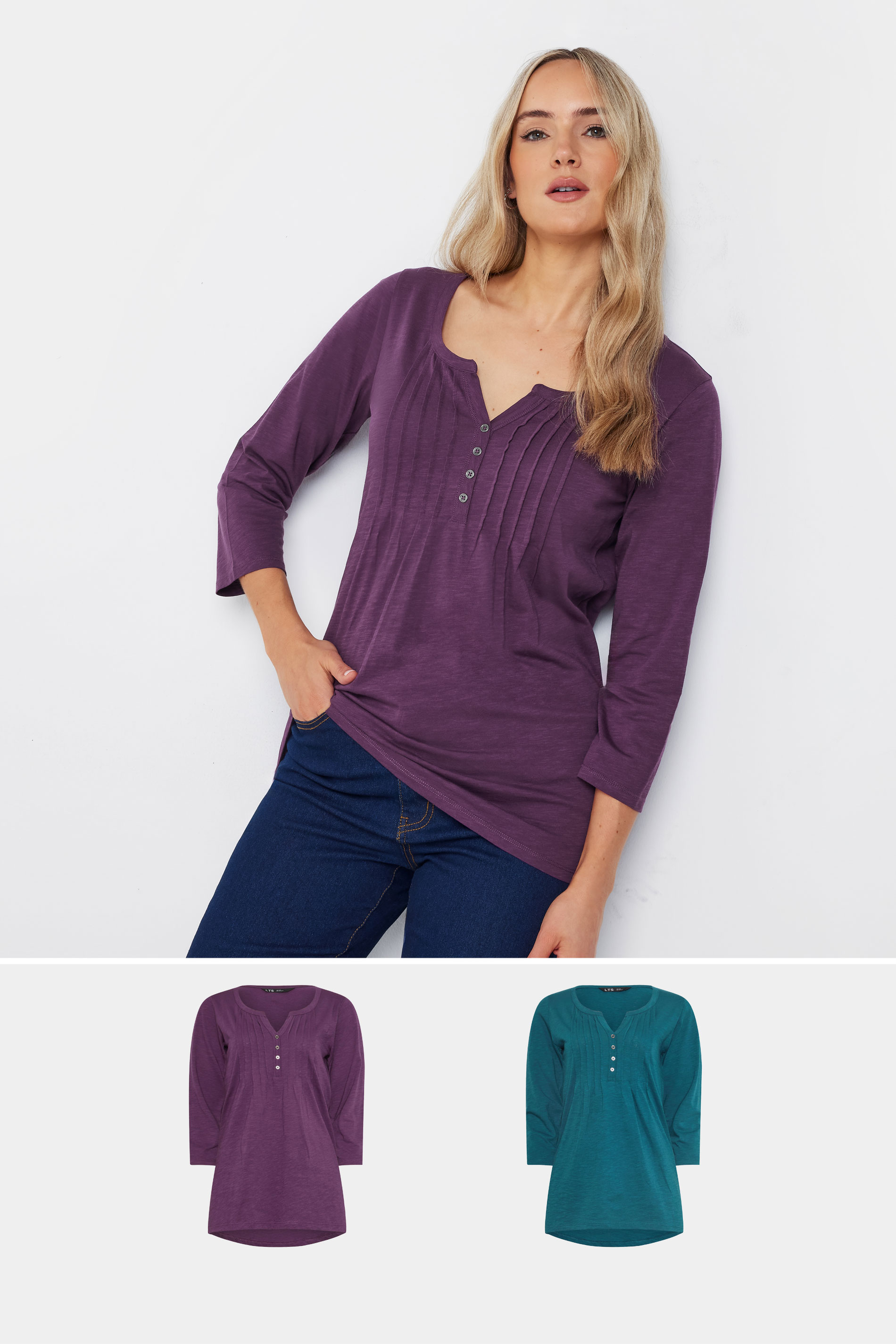 LTS Tall 2 PACK Purple & Teal Blue Cotton Henley Tops | Long Tall Sally 3