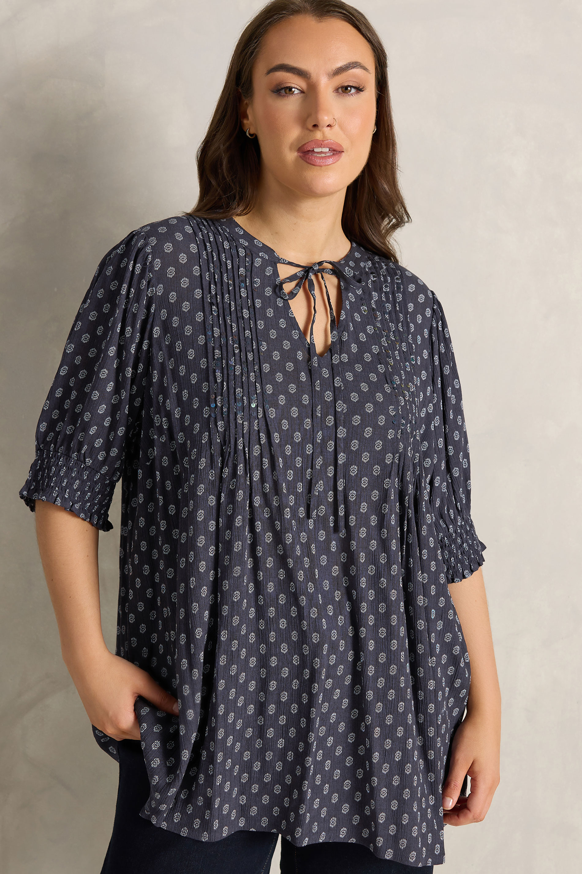 EVANS Plus Size Navy Blue Dobby Tie Neck Pintuck Blouse | Evans 1