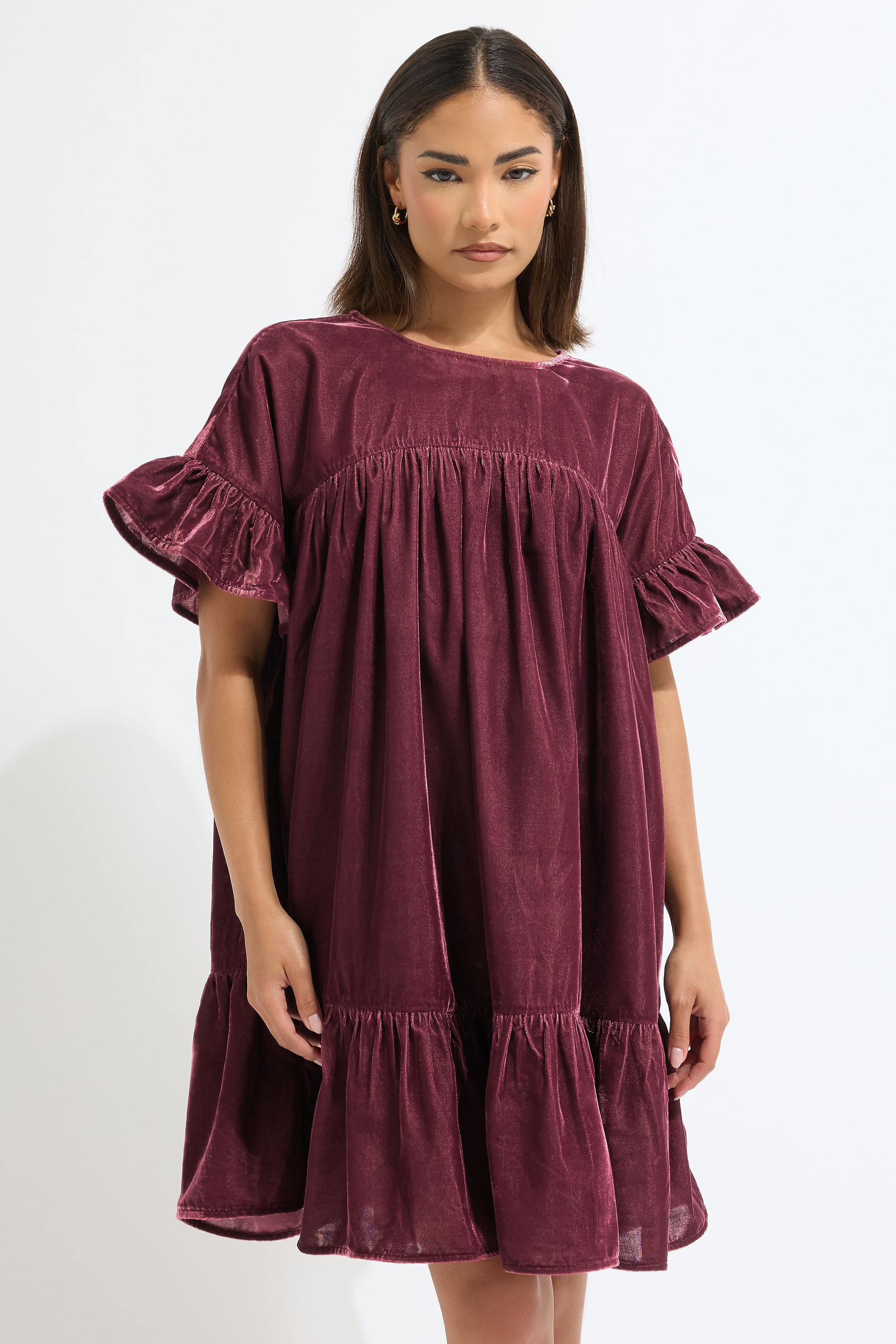 PixieGirl Petite Women's Burgundy Red Velvet Frill Smock Mini Dress | PixieGirl 3
