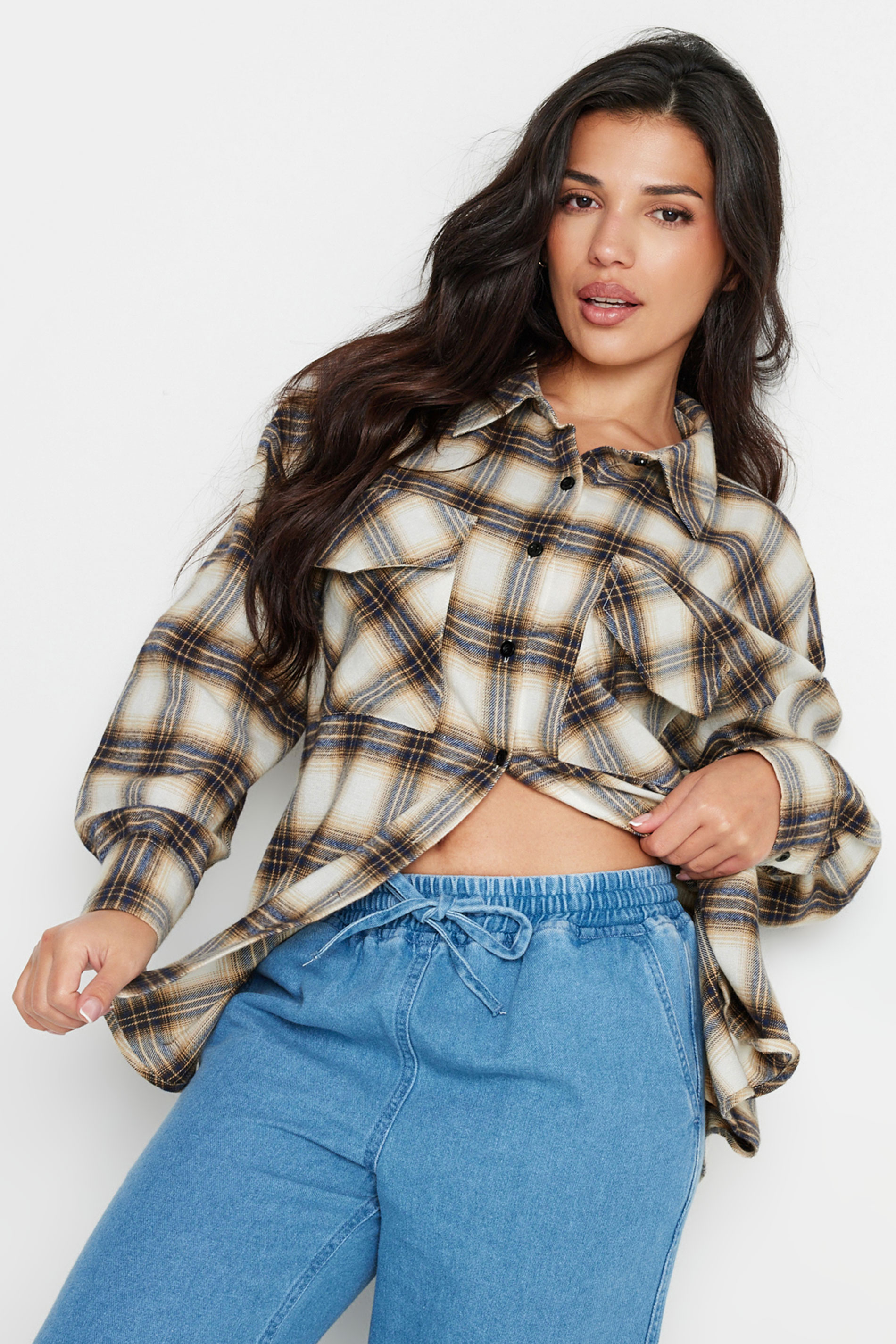 PixieGirl Petite Women's Beige Brown Check Shirt | PixieGirl 2
