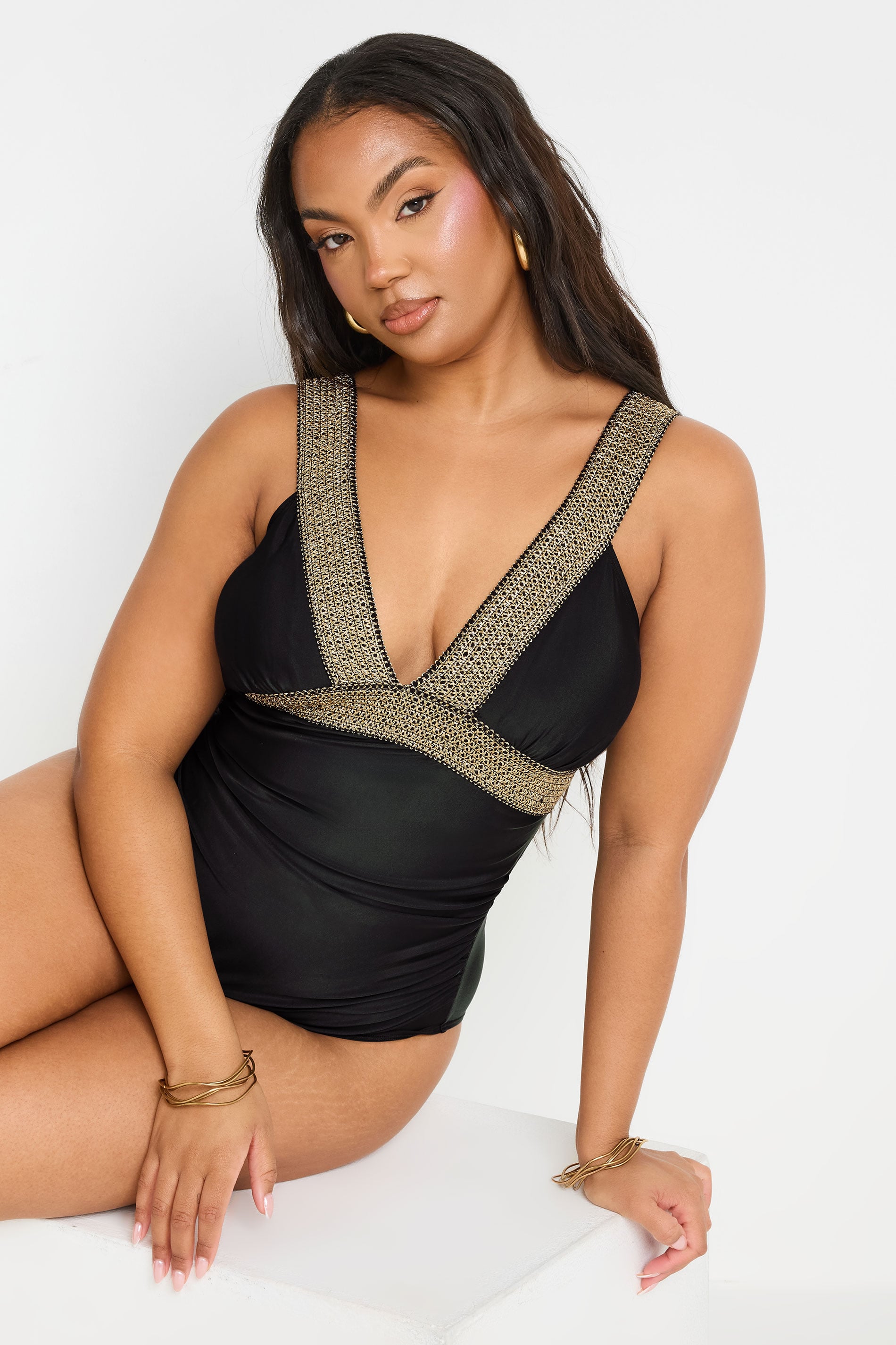 YOURS Plus Size Black Metallic Tummy Control Swimsuit | Yours Clothing 6