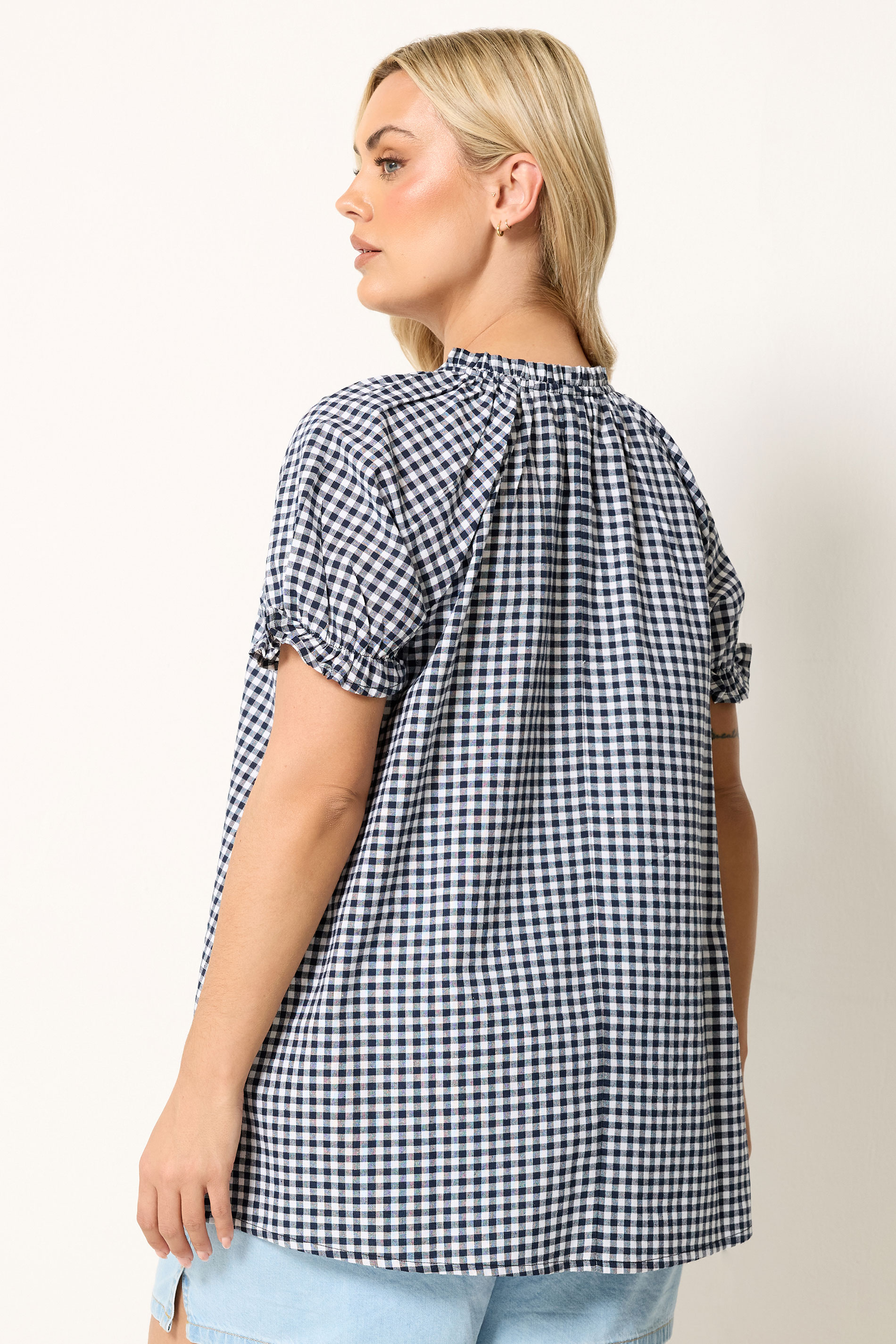 YOURS Plus Size Navy Blue Gingham Notch Neck Blouse | Yours Clothing 2