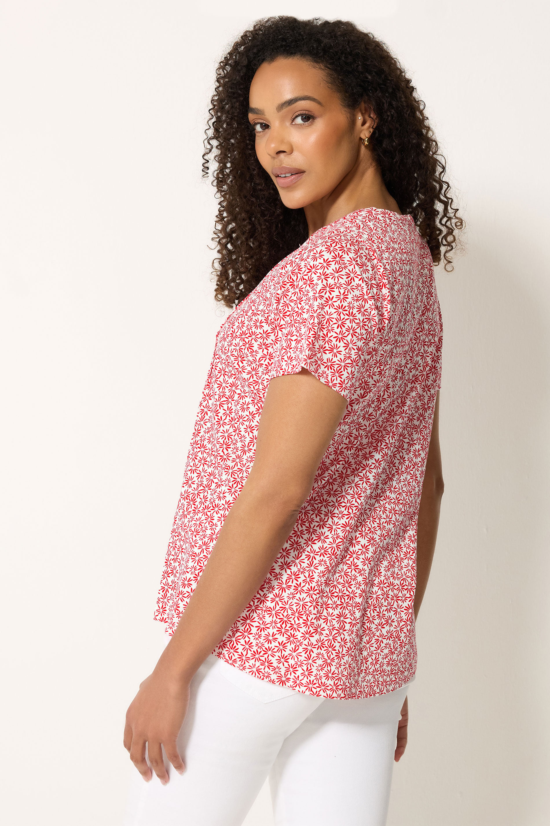 M&Co Red Floral Cotton Henley Top | M&Co 2