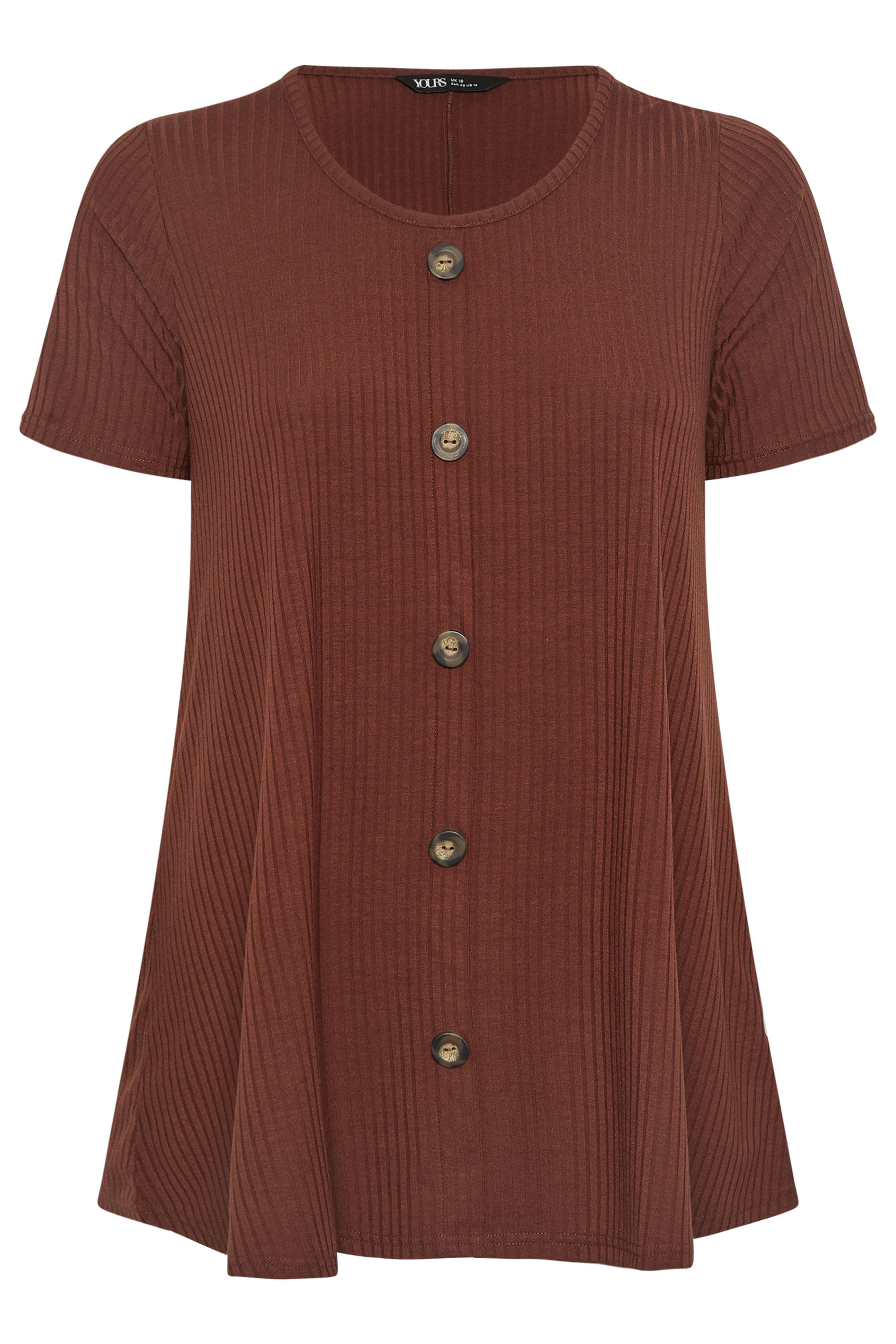 YOURS Plus Size Rust Orange Button Front Ribbed Swing Top | Yours Clothing 5