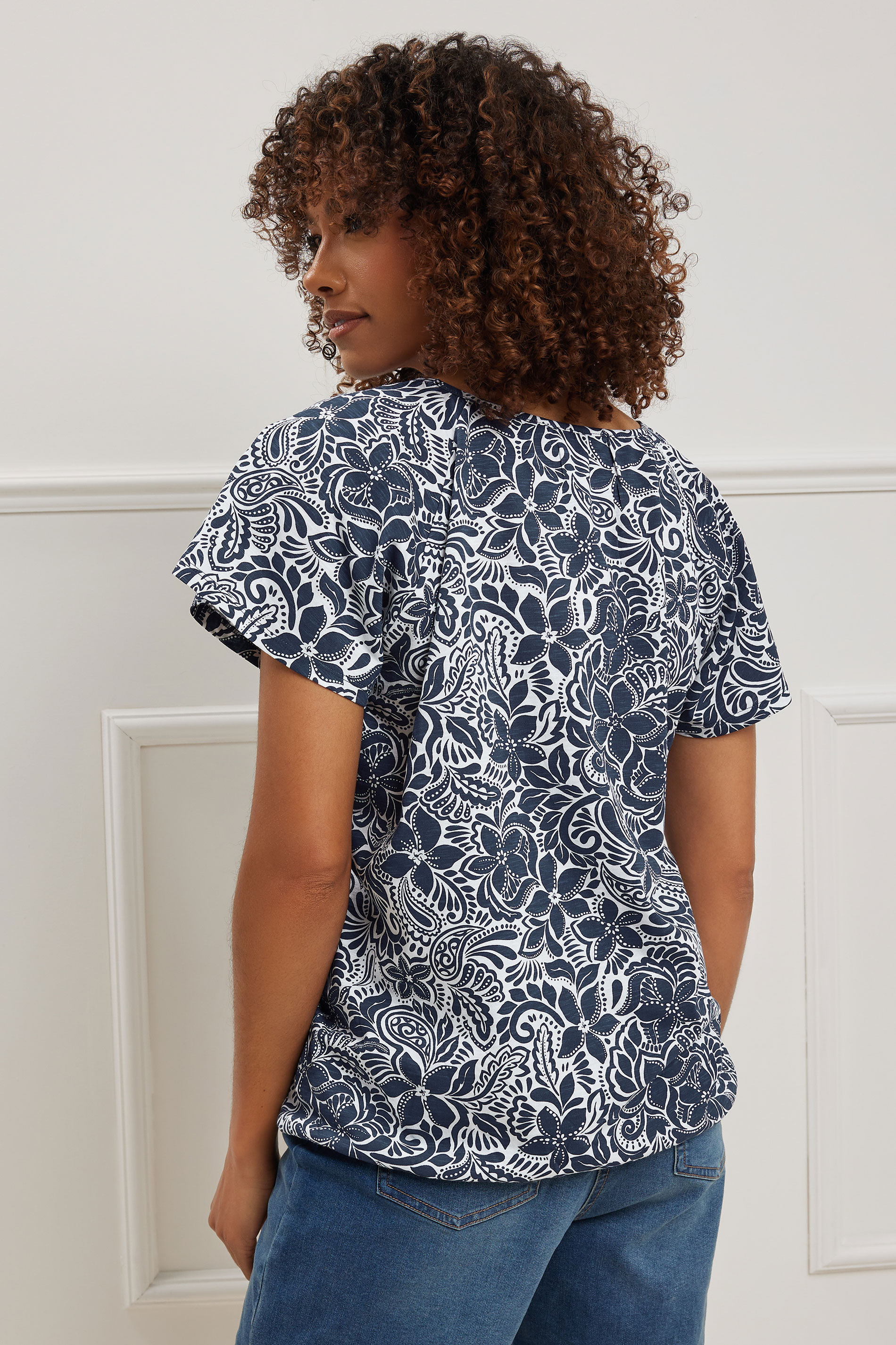  M&Co Navy Blue Floral Print Cotton Scoop Neck T-Shirt | M&Co 2