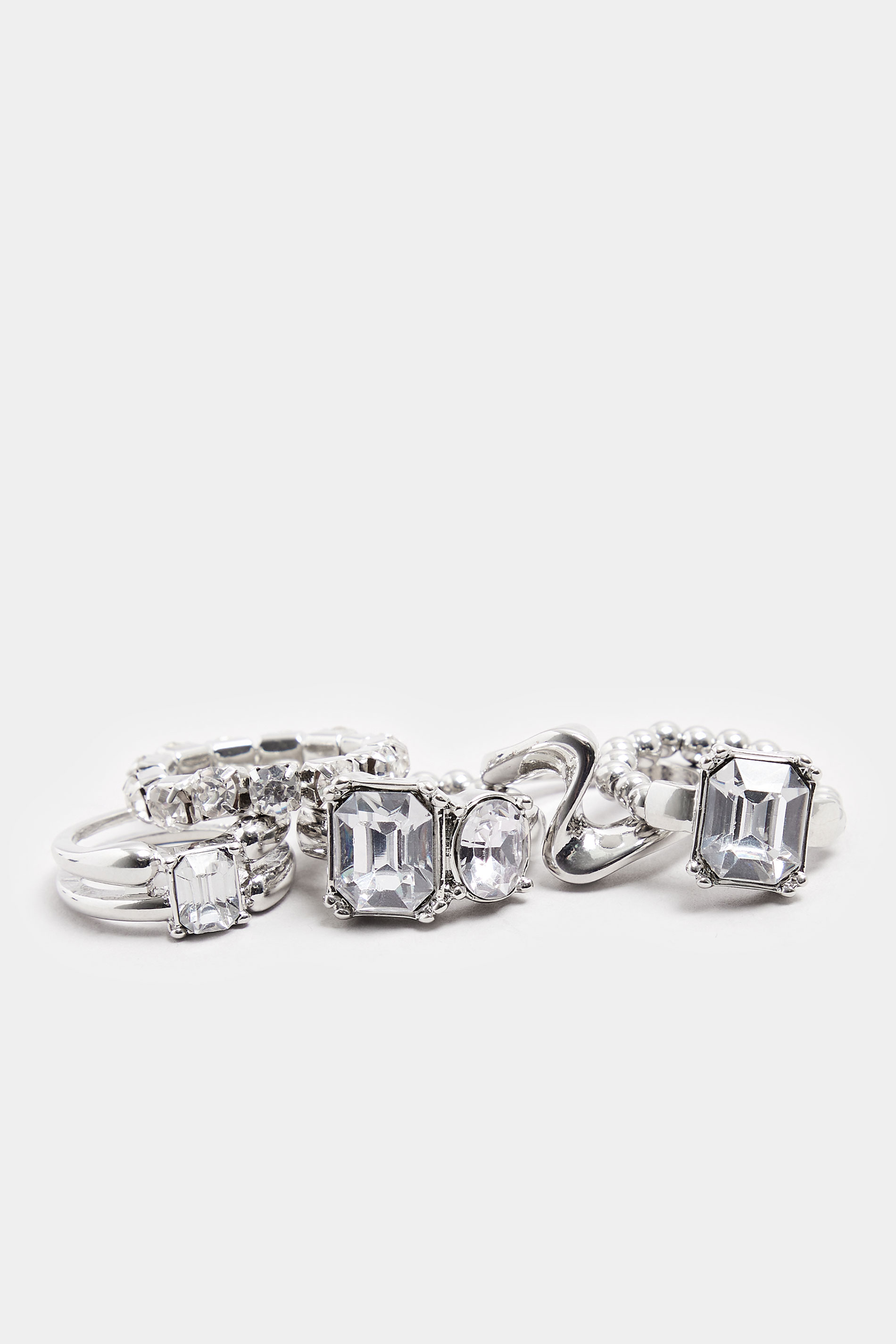YOURSET 5 PACK Silver Tone Diamante Ring Set | Yours Clothing 2