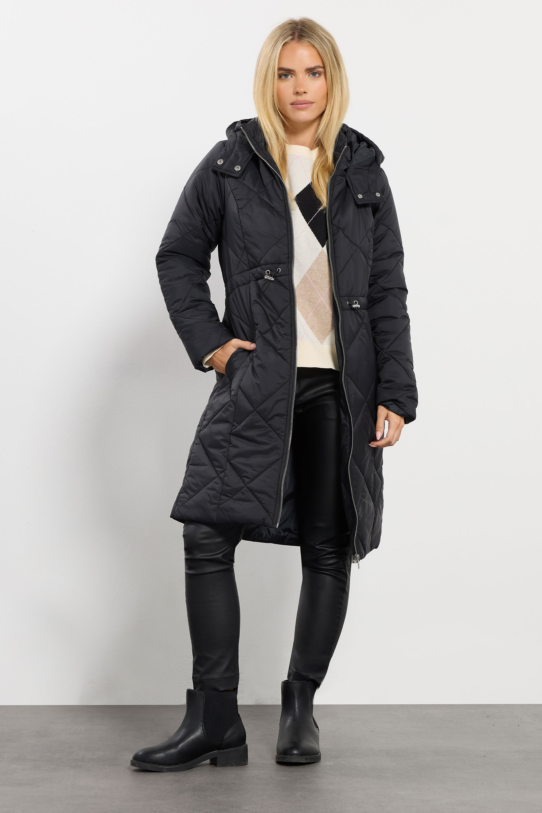 M&Co Petite Black Diamond Quilted Midi Coat | M&Co 3